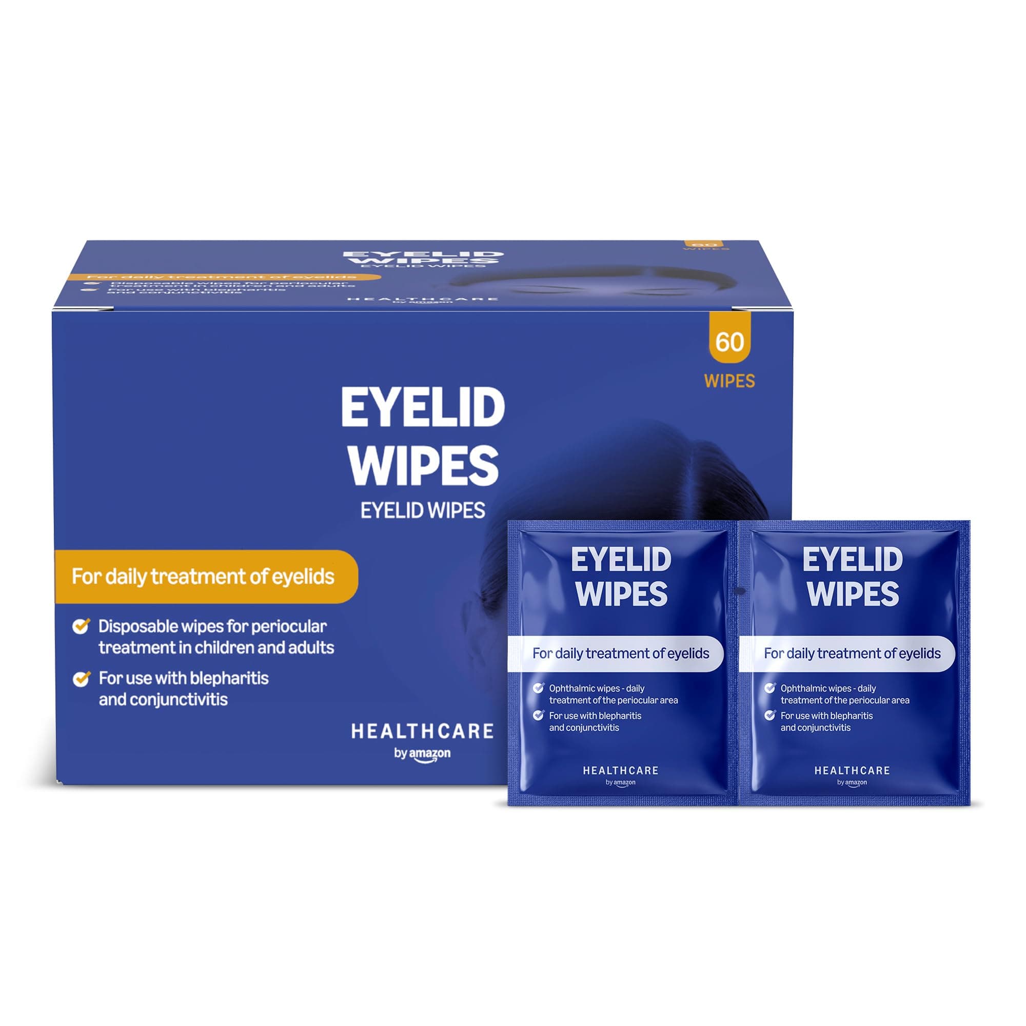 Healthcare by Amazon Eyelid Cleansing Wipes for Periocular Treatment in Adults and Children, Unscented, Pack of 60 (Previously Amazon Basic Care) – Packaging May Vary