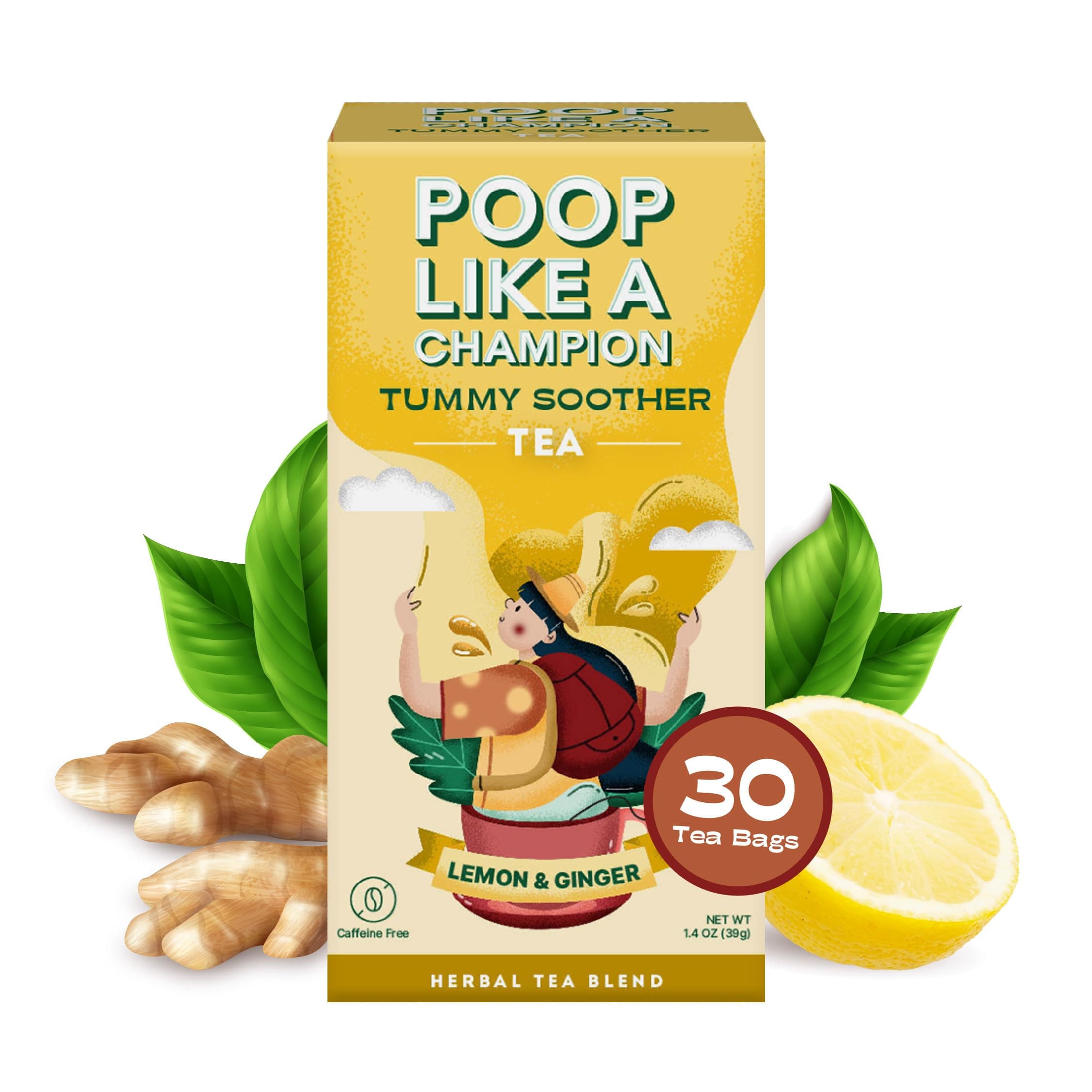Poop Like A Champion Tummy Soother Lemon Ginger Tea, 30 Bags, Digestive Herbal Tea for Soothing Relief, Ginger Lemon Tea Bags, Organic Ingredients