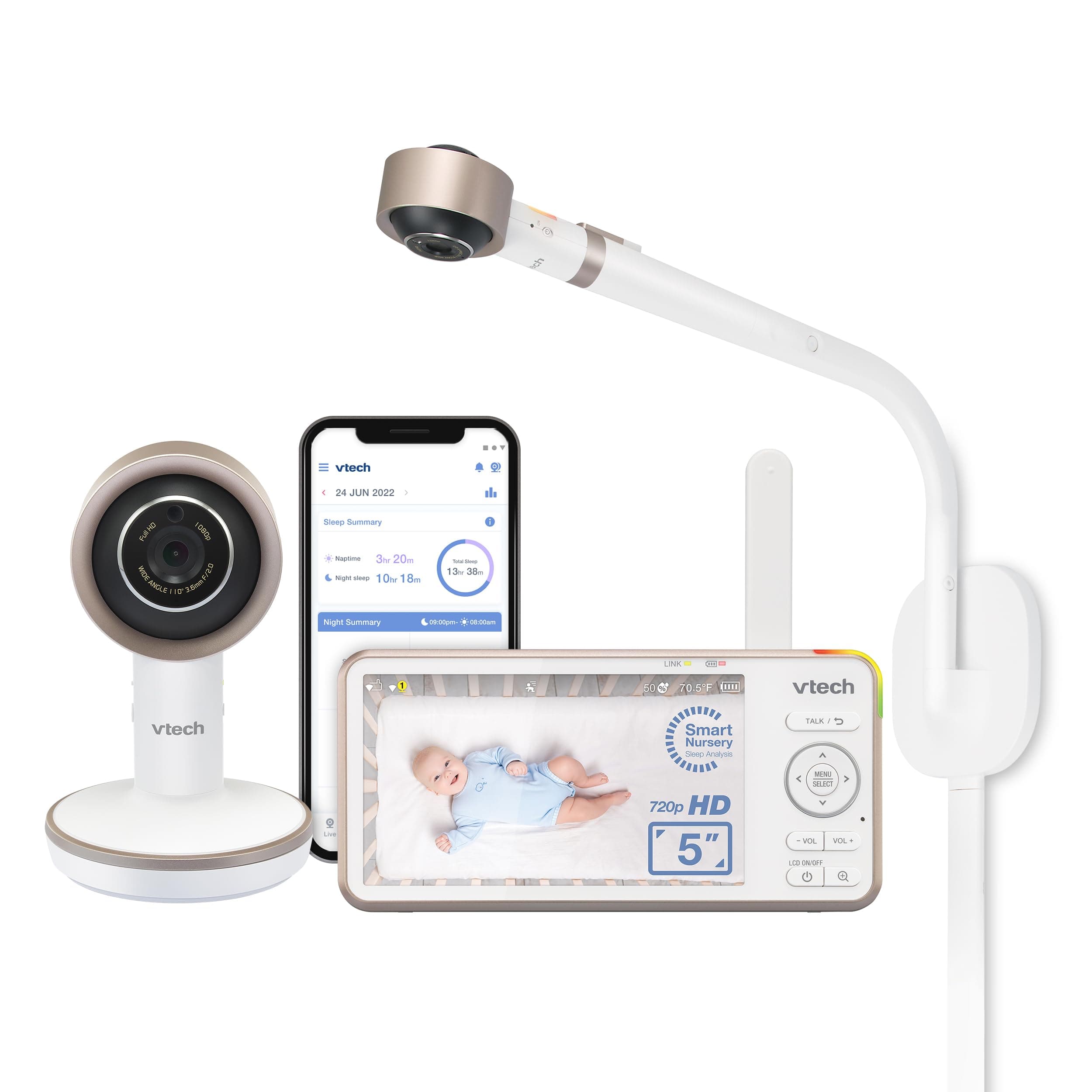 VTech V-Care 1080p FHD Smart Baby Monitor with 5" HD LCD Screen 720p Remote Access, Built-in Intelligence, Sleep Analysis, Tip-Over Detection and Face Cover, 18