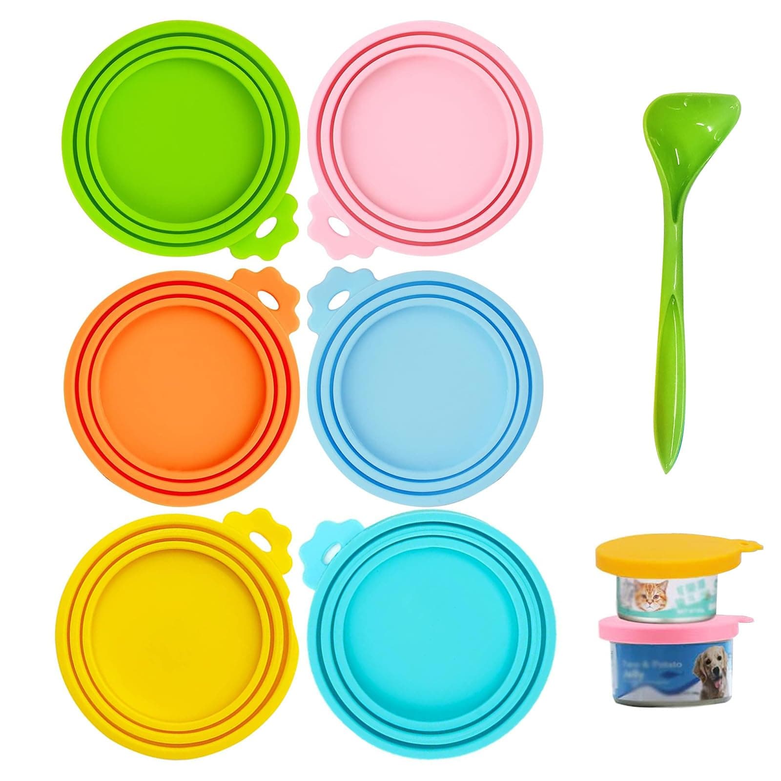 Can Lids Cover For Pet Food, 6 Pack Food Universal Silicone Cat Dog Lid 1 Fit 3 Standard Size Tops With Spoons (Multicolor)