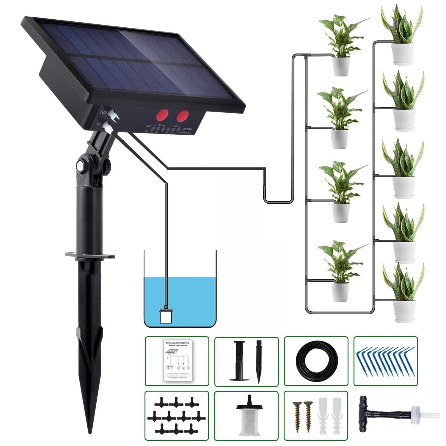 - 12 Timer Modes Solar Drip Irrigation System - Auto Drip Irrigation Kits with Anti-Siphon Supports 20-30 Pots, Solar Powered Garden Watering System for Indoor & Outdoor Plants, 3W, 65.6 FT