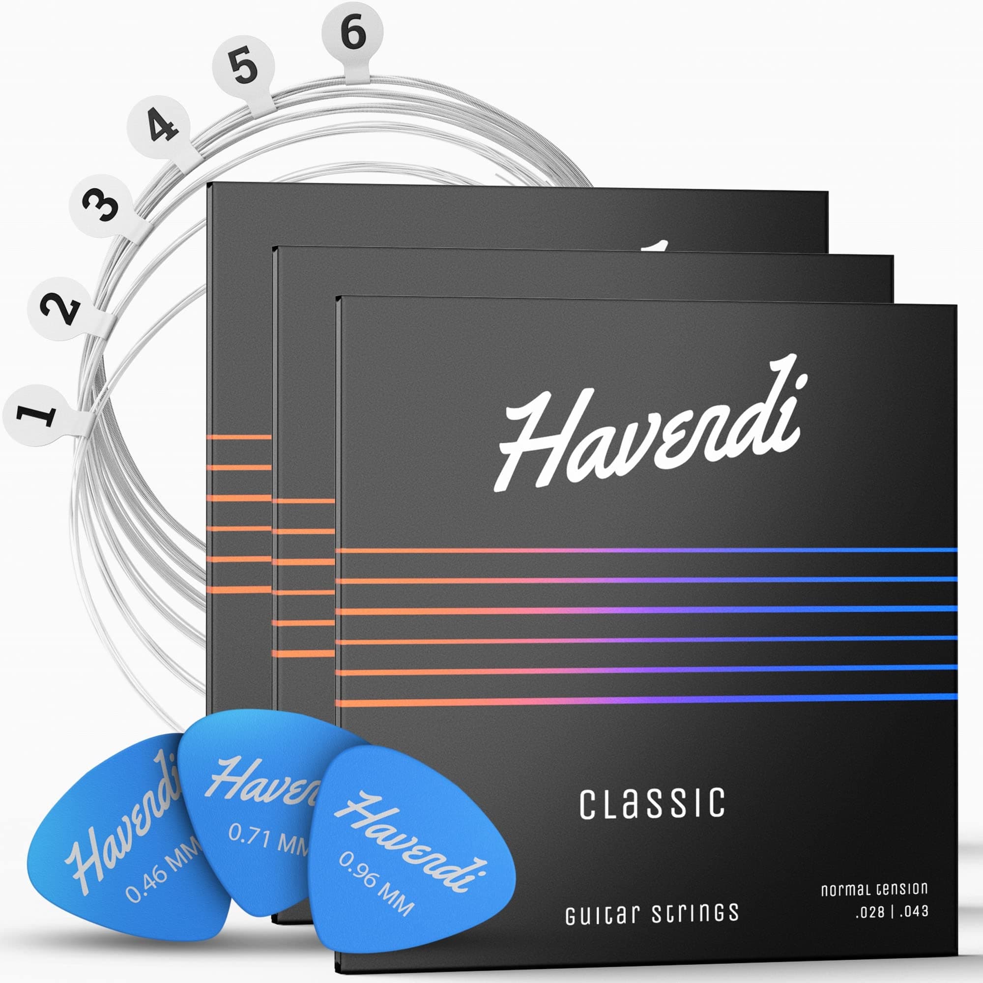 HAVENDI® Guitar Strings for classical guitar - brilliant sound quality strings made of nylon for classical guitar coated with silver (6 string set) incl. 3 picks