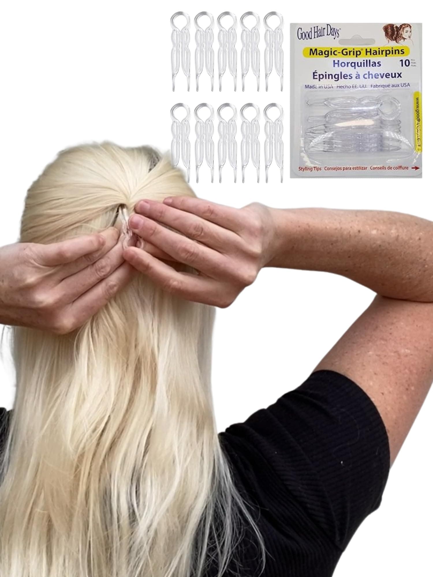 Magic-Grip Hairpins - 2 1/2" U-Shaped Grip Hair Pins for Fine, Thick, Curly & Long Hair, Invisible Strong Hold Hair Styling Accessories, Set of 10, USA-Made (Crystal)