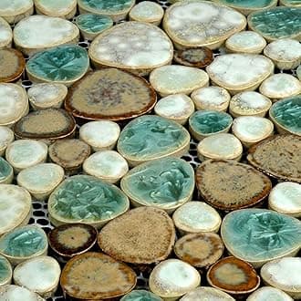 Pebble Porcelain Mosaic Glossy Mixed Aqua, Cream & Brown Glazed Ceramic Tile for Bathroom, Shower Floor, Accent Wall, Spa Decor (5 Square Feet)