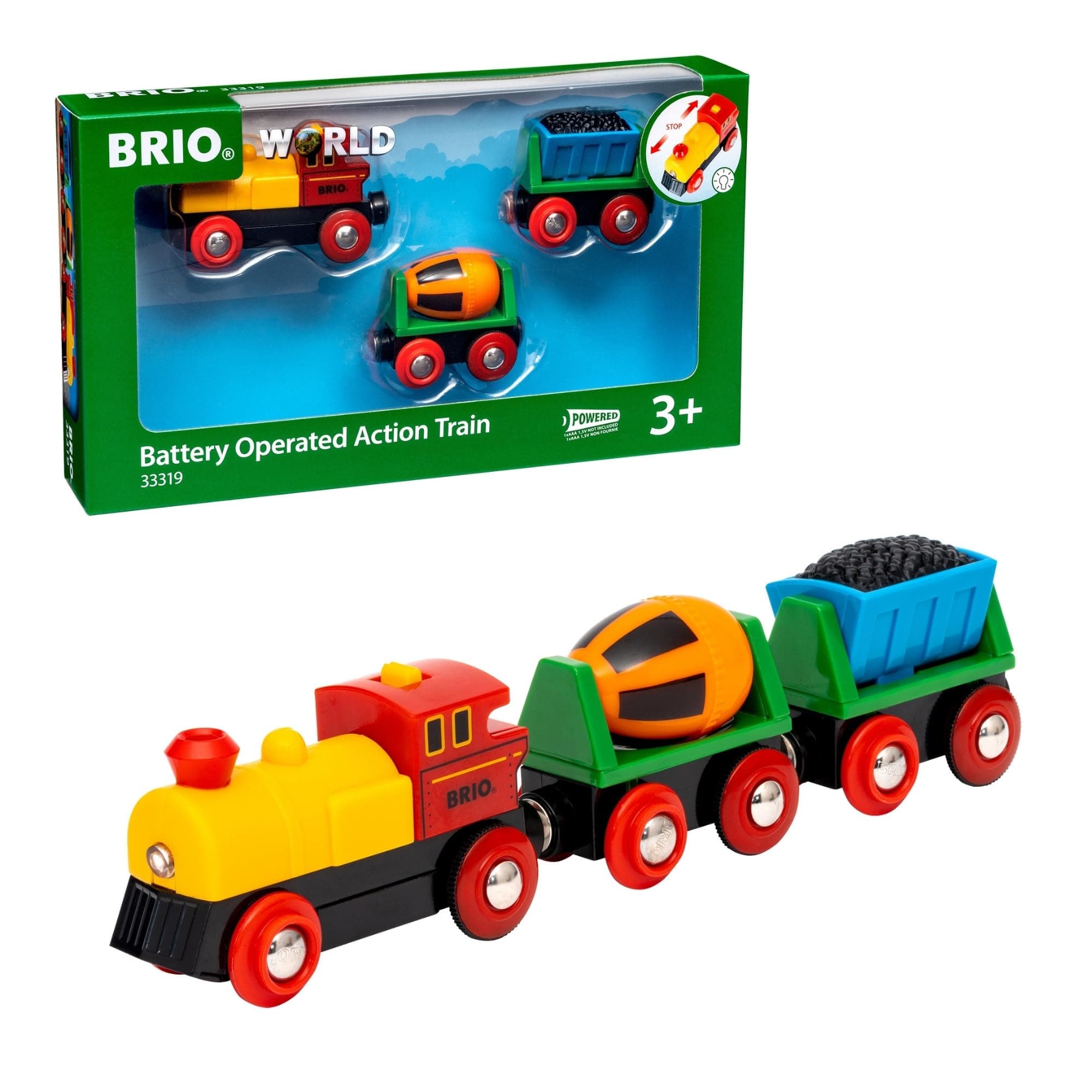 World Battery Operated Action Train - Motorized for Wooden Tracks - Kids Electric Set - Includes Moving Coal Wagon & Rotating Cement Mixer - Compatible with All Railway Sets - Kids Ages 3 & Up