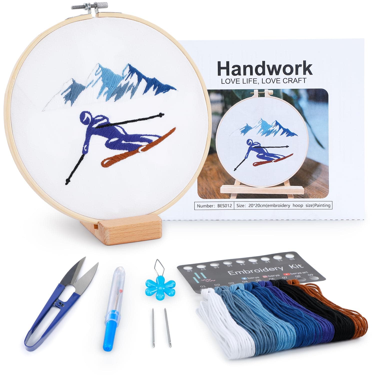 Embroidery Kit for Adult Beginners,Skiers Snow Mountain Embroidery Kit with Step-by-Step Instructions & Video,Printed Cloth,7.87" Hoop,Display Stand,Color Threads and Tools for Craft Lover(BES012)