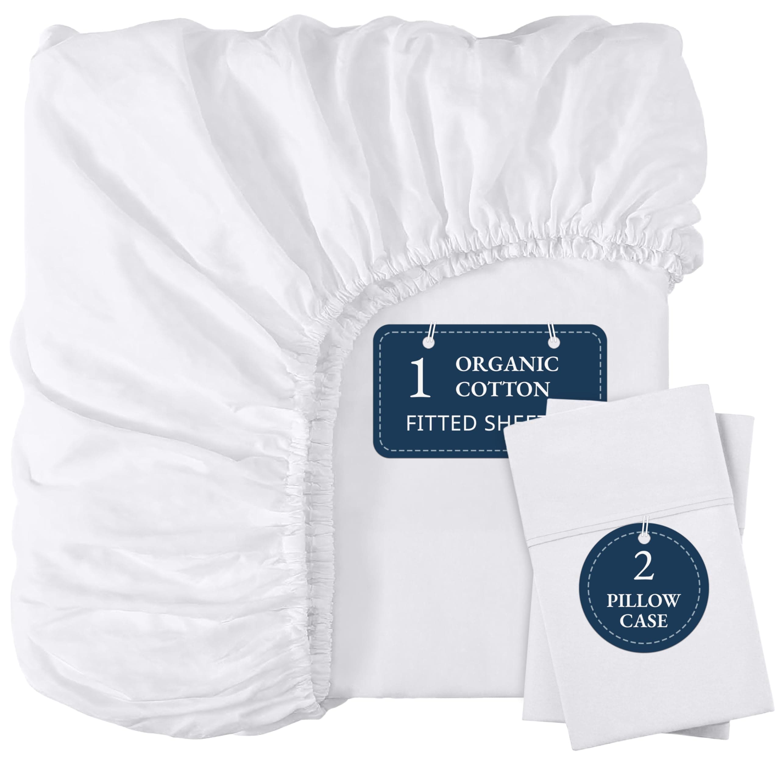 LANE LINEN Fitted Sheet King Size, 100% Organic Cotton, 3-Piece Set (1 Fitted Sheet,2 Pillowcases), Percale Weave, Ultra Soft, Breathable,Fits Mattress Upto 15" Deep - White (No Flat Sheet)