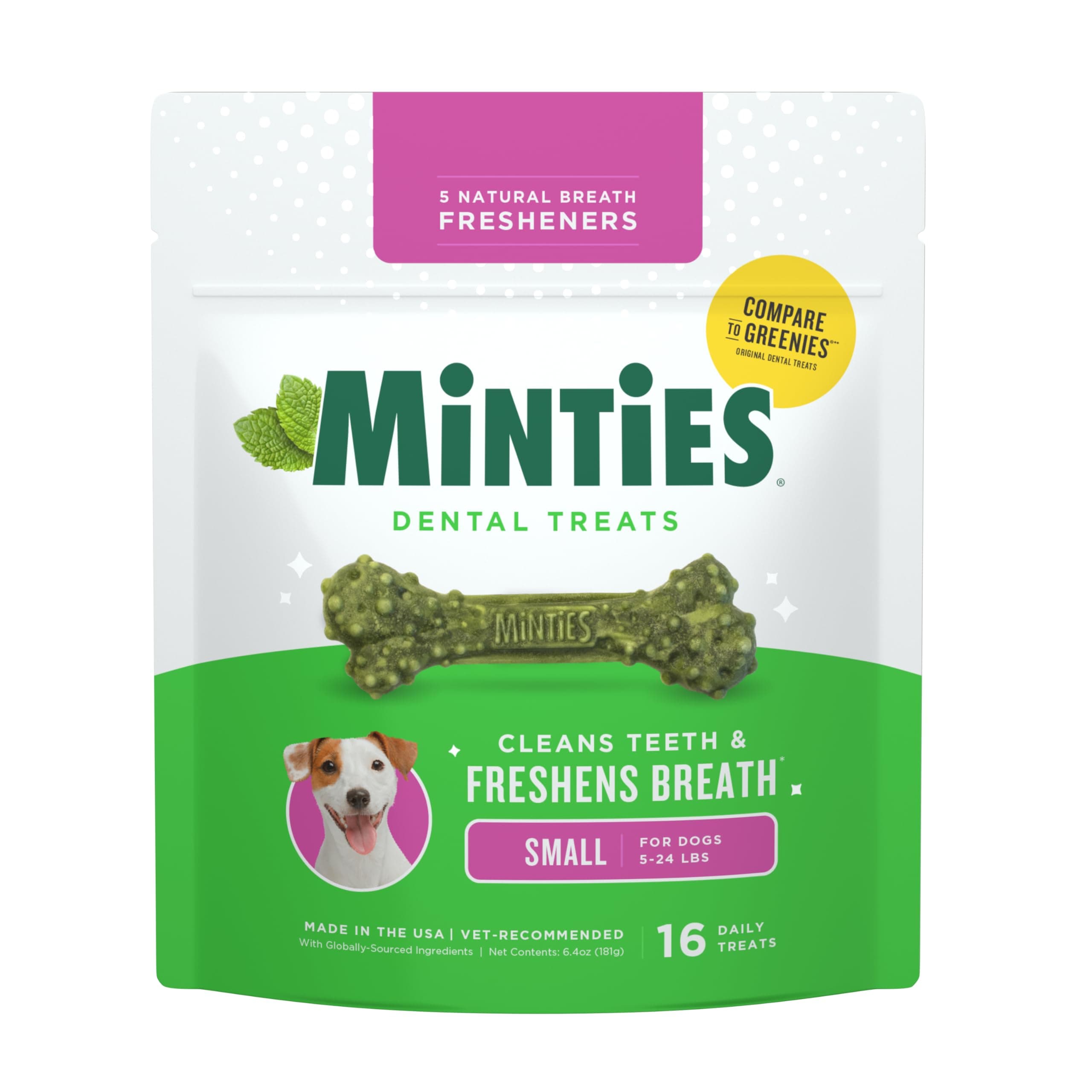 Minties Dental Chews for Dogs, 16 Count, Vet-Recommended Mint-Flavored Dental Treats for Tiny/Small Dogs 5-24 lbs, Dental Bones Clean Teeth, Fight Bad Breath, and Removes Plaque and Tartar