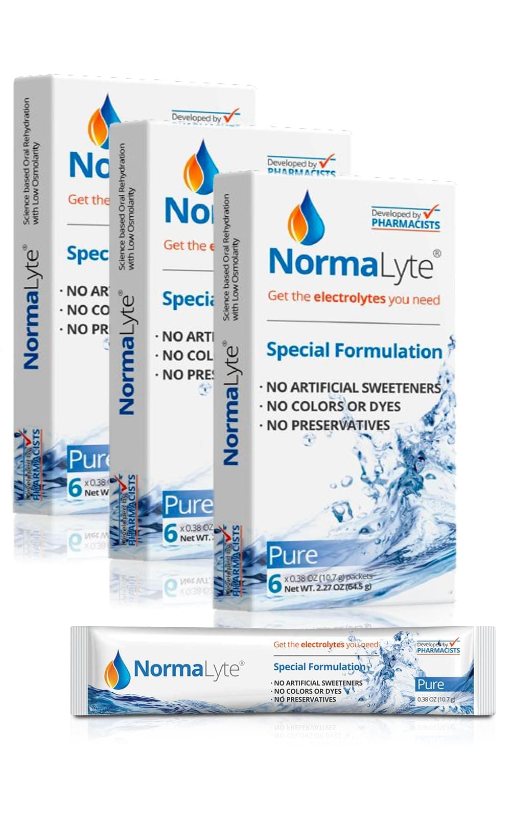 NormaLyte Oral Rehydration Salts-18 Sticks Packs (Yields 500mL per Pack)-Pure| Energy Supplements, Potassium Supplement, Dehydration Recovery and Quick Absorption