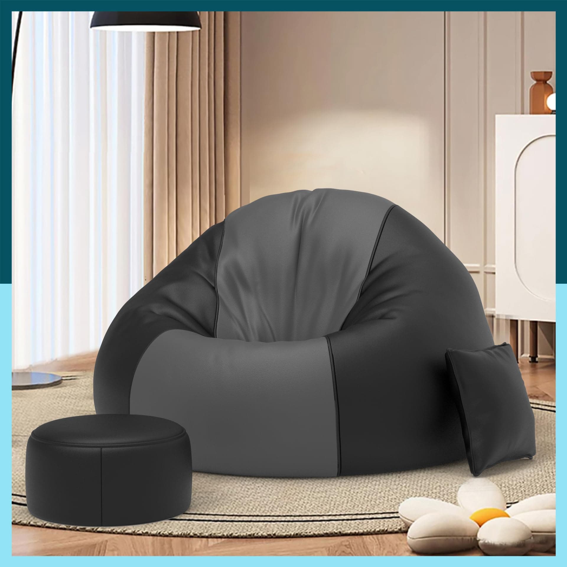 ComfyBean 4XL Bean Bag Chair with Beans Filled - Bean Bag Sofa with Footrest - Dark Grey Black Bean Bags for Living Room, Bedroom - Free Cushion & Footrest - ColorFlex Lounge Combo - Faux Leather