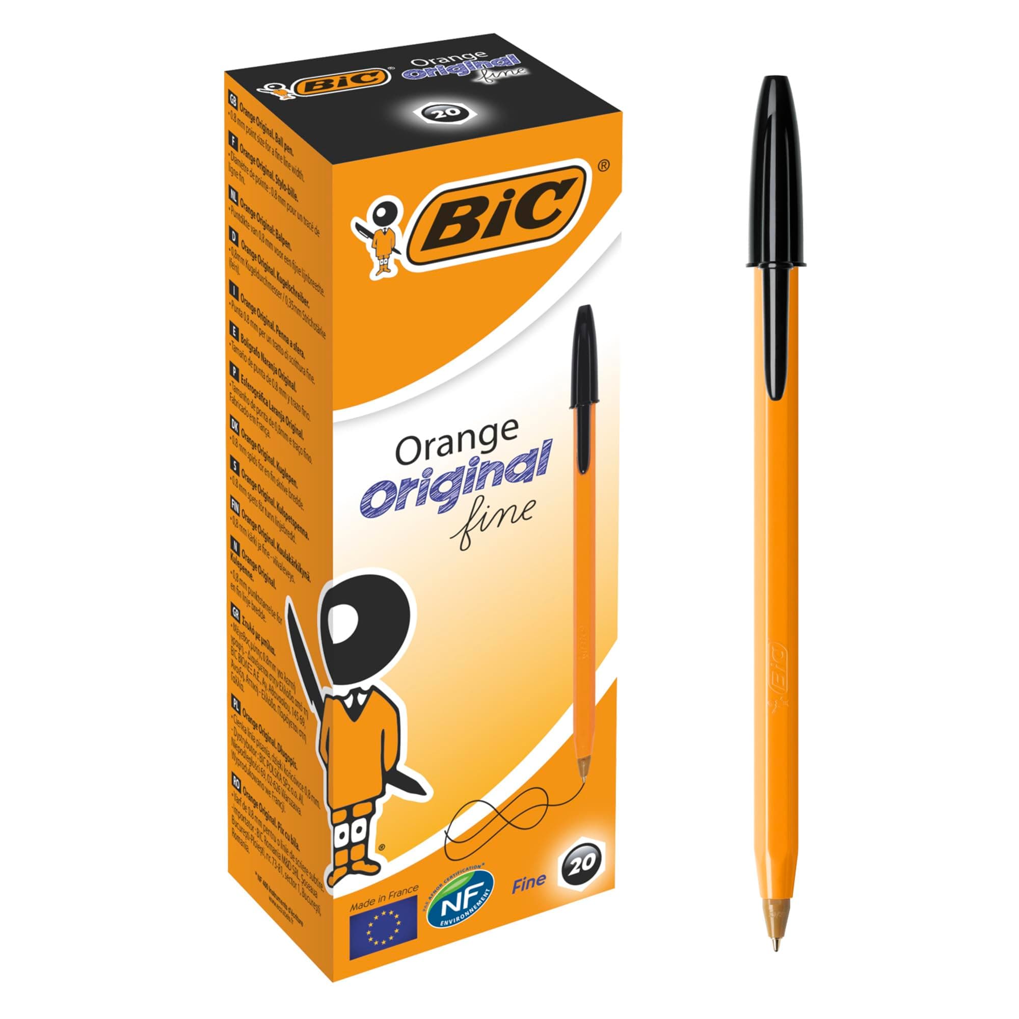 Bic Orange Fine Ballpoint Pens, Fine Point (0.8 mm), Blank Ink, Box of 20 - Writing Pens with Long-Lasting Ink, Black