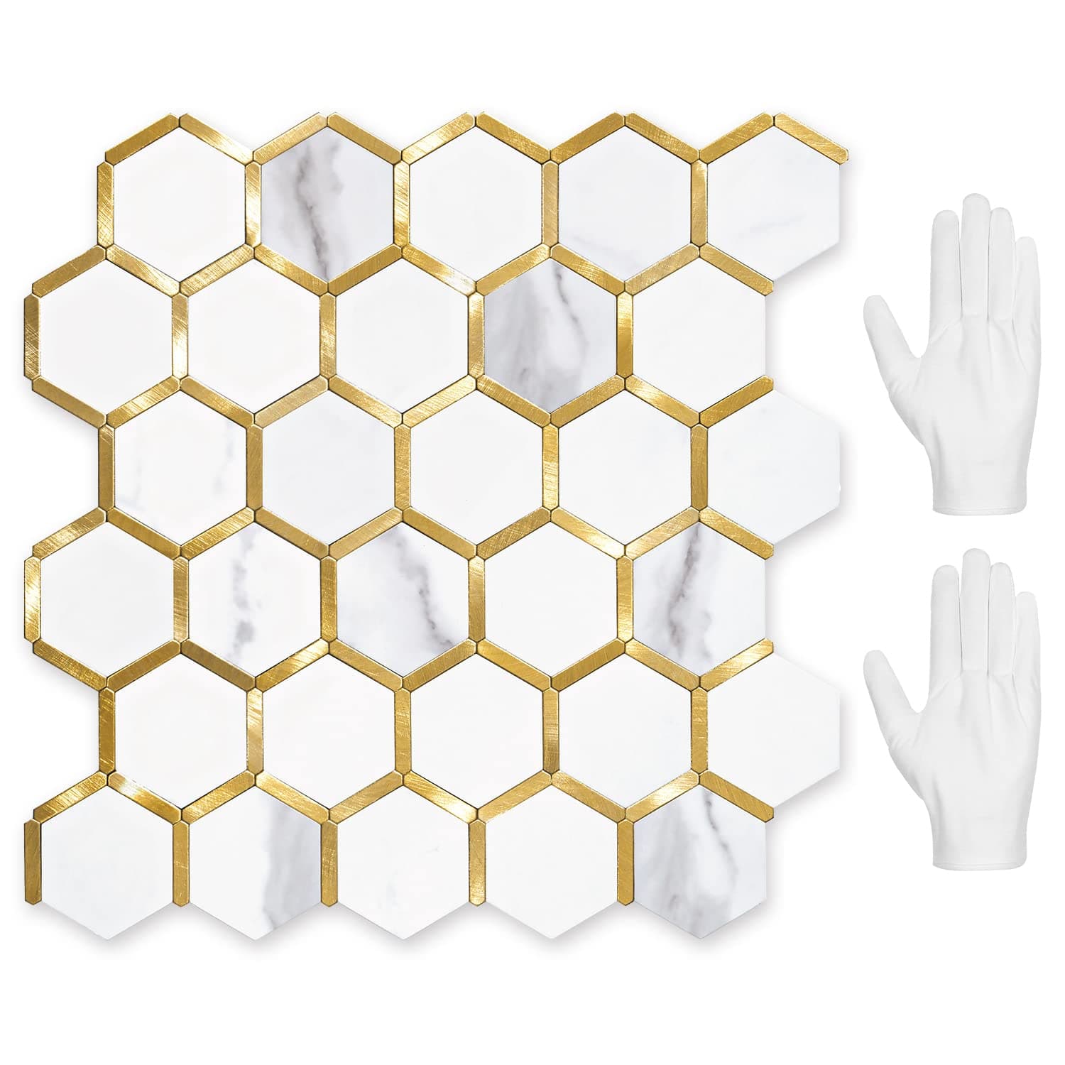 STICKGOO Hexagon Peel and Stick on Backsplash for Kitchen and Bathroom, White Marble Look PVC Mixed Metal Gold Self Adhesive Metal Mosaic Tiles(10 Sheets, Seamless)