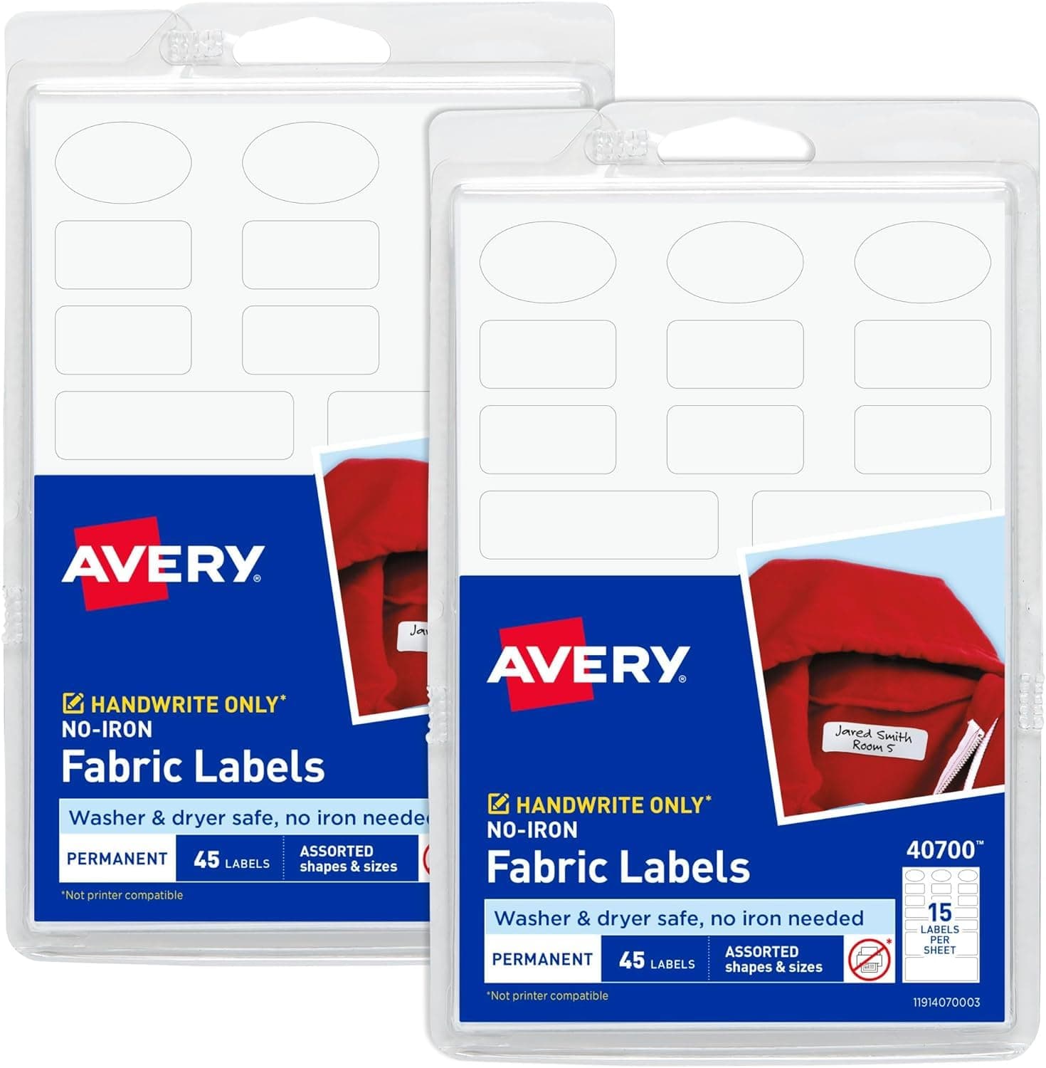 2 Pack Avery No-Iron Clothing Labels, White, Assorted, Pack of 45 (40700)