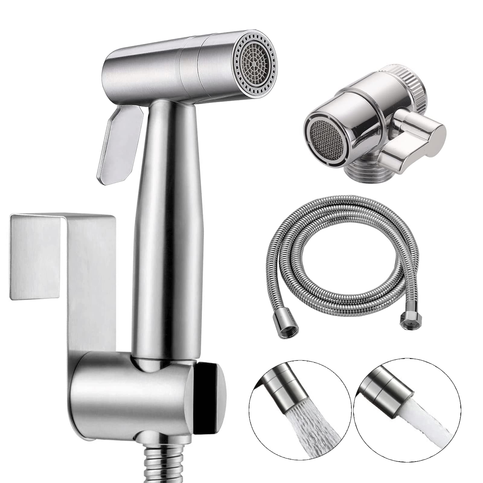 – ABSOK 2 Modes Bidet Shower Kit, Stainless Steel Bidet Hand Shower for Bidet Toilet Shower with 2 Way Shower Diverter, 1.5m Shower Hose and Hand Shower Holder, Silver