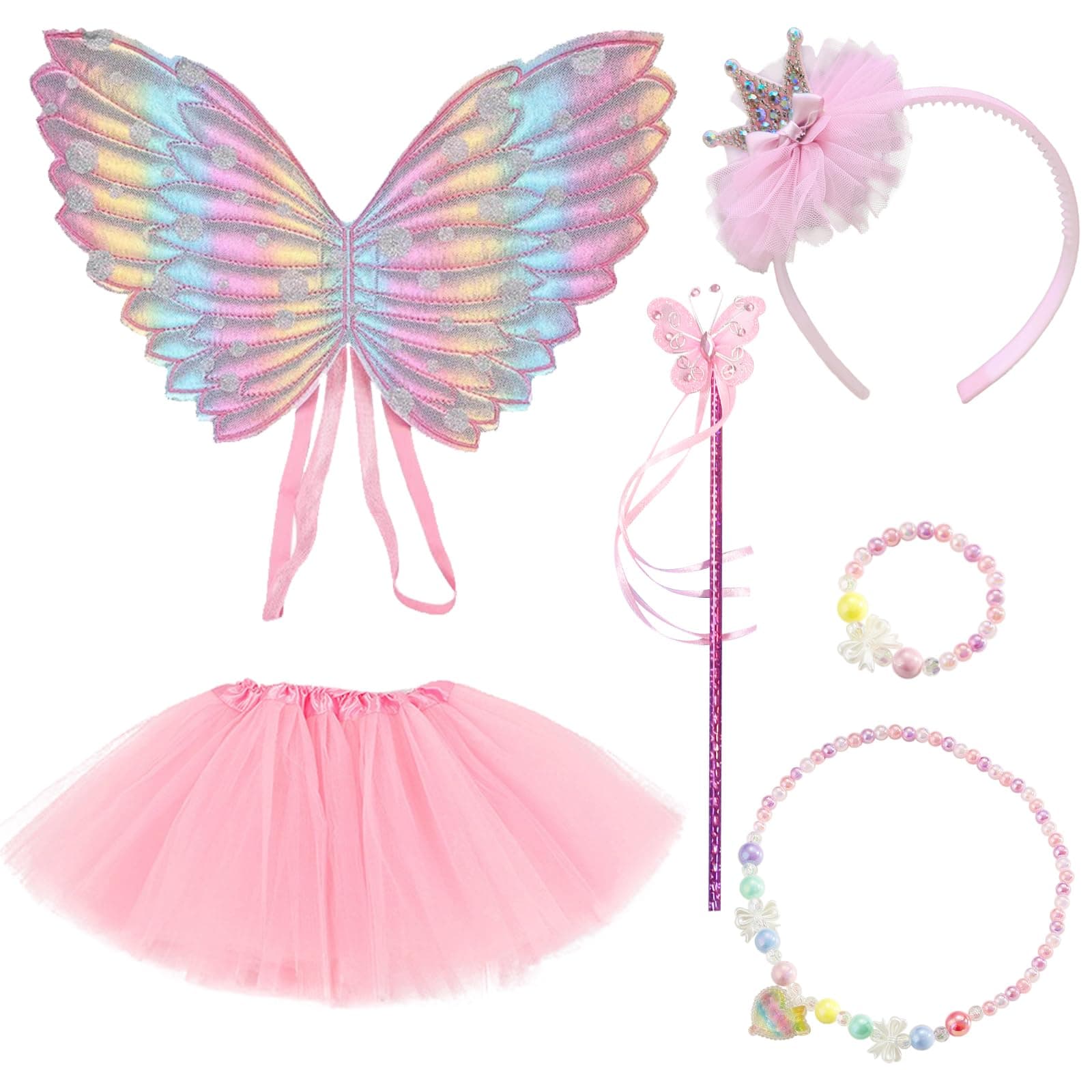 JSTHHTT 6 PCS Fairy Costume, Butterfly Fairy Wings and Wand, Princess Costumes For Girls, Crown Crystal Tiaras, Tutu, Fancy Dress Set for Girls Party Costume Halloween Christmas, for 2-4 Years Kid