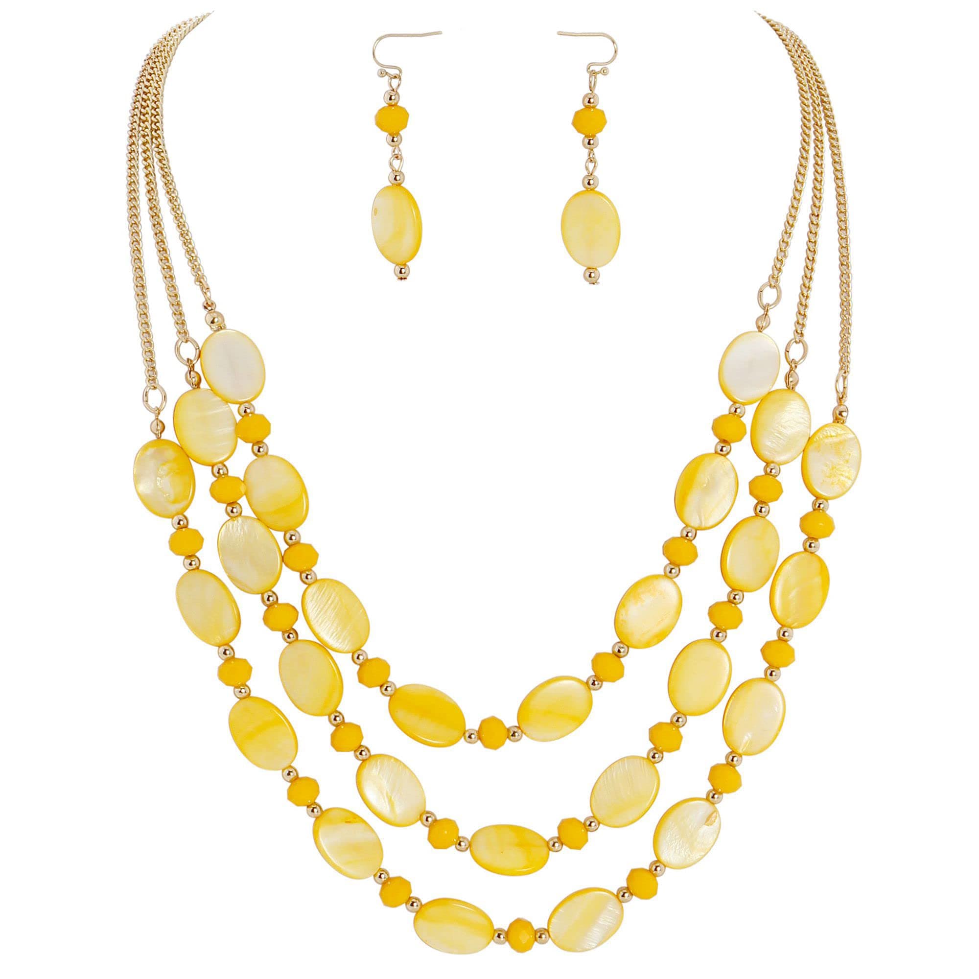 Firstmeet3 Layered Mother of Pearl Beads Necklace with Earrings Shell Beads Pendant Jewellery for Women, No Gemstone