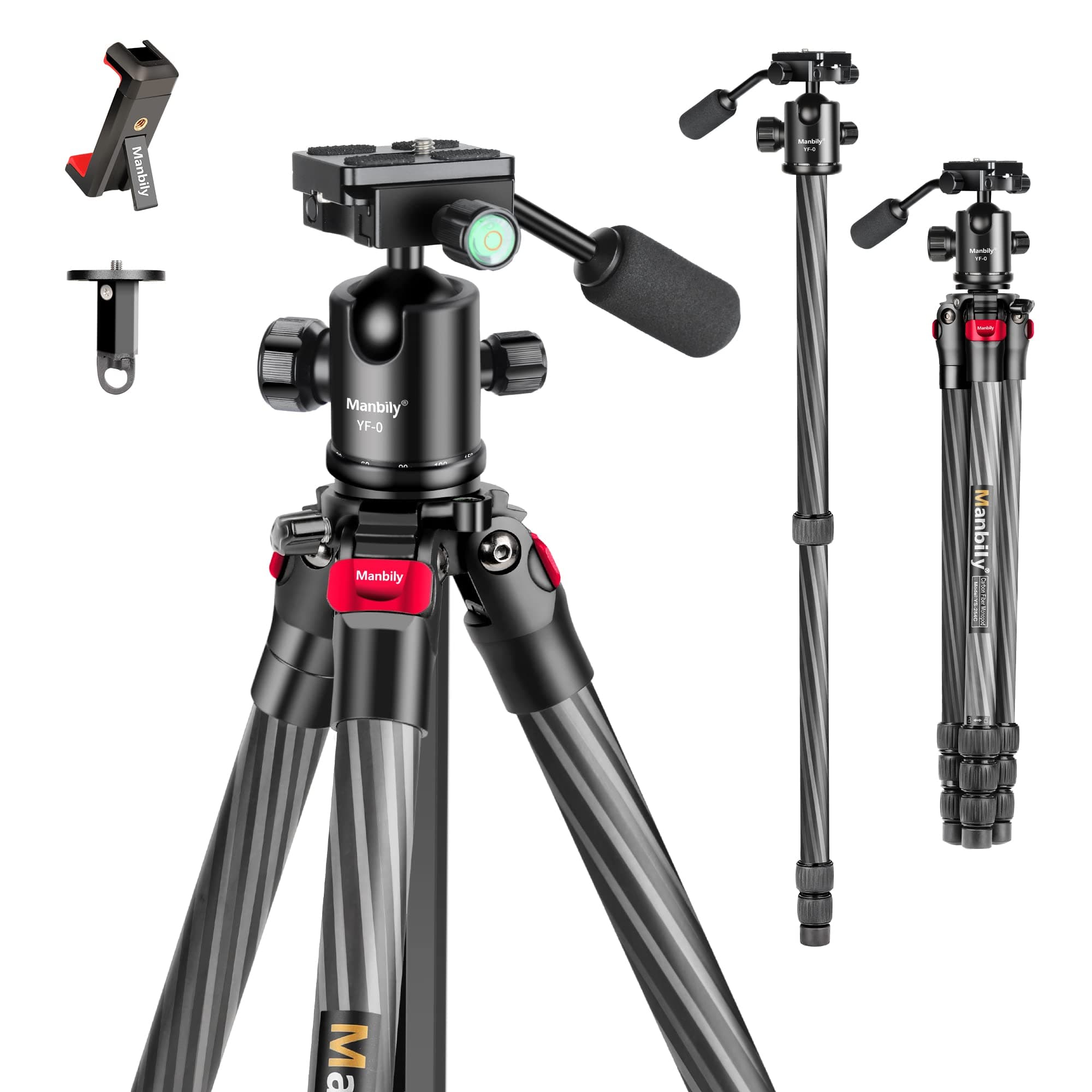 – Carbon Fiber Camera Tripod Manbily 63" Lightweight Tripods with Detachable Handle Monopod for Travel with 360° Ball Head 36mm, Portable Compact for DSLR Cameras Camcorders Video Phone Canon Nikon Sony
