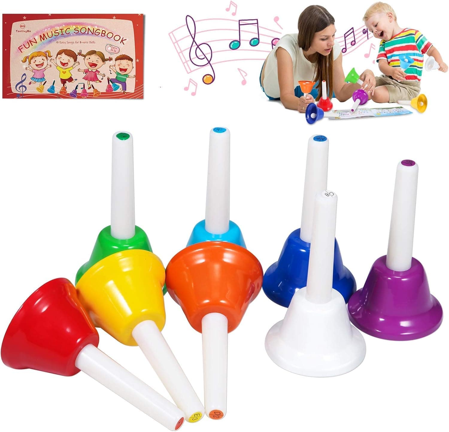 Hand Bells, 8 Note Musical Handbells Set with 10 Songbook Musical Toy Percussion Instrument for Toddlers Children Kids for Children's Day Family Activity School and Church (Classic Edition)
