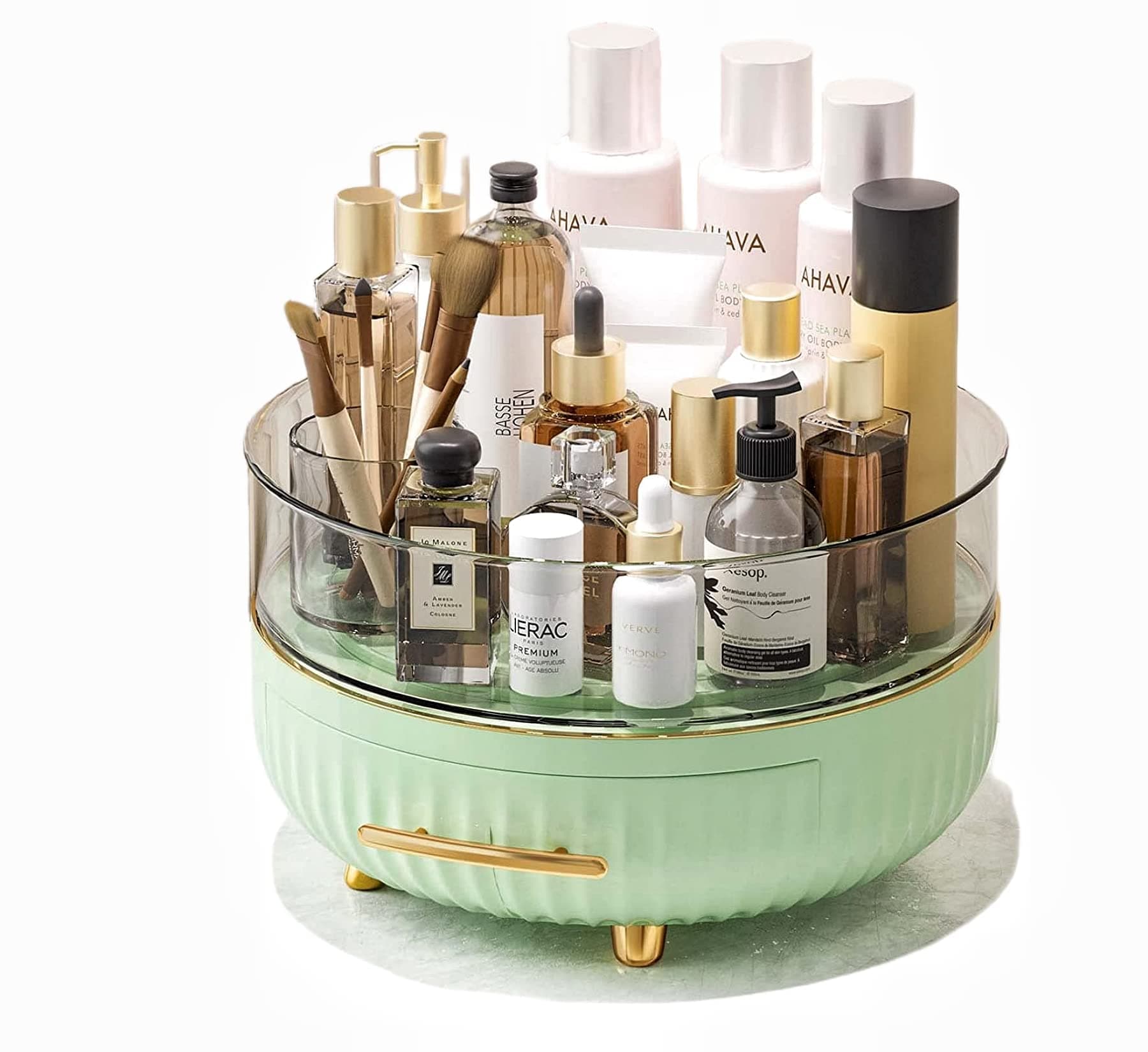 ONECIRCLE Makeup organizer,360 Rotating Make up storage organizer with Drawer suitable for Make up Organizer,perfume organizers,Cosmetic display and table top Lotions Storage & Display.(green)