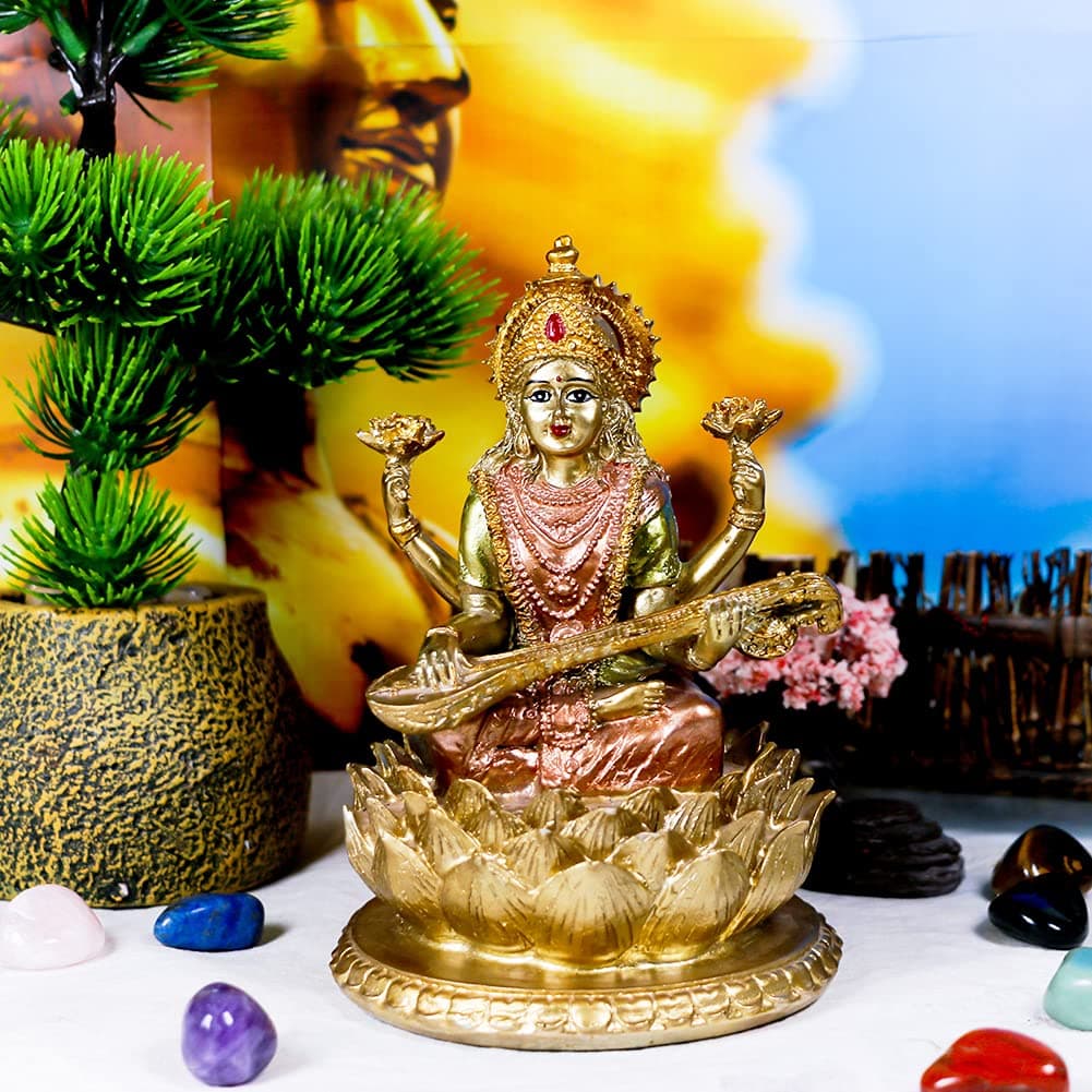 BangBangDa Hindu Goddess Lord Saraswati Statue - 6.3" H Indian Idol Saraswati Sitting on Lotus Sculpture India God Figurine Home Mandir Temple Altar Yoga Decor Diwali Pooja Gifts