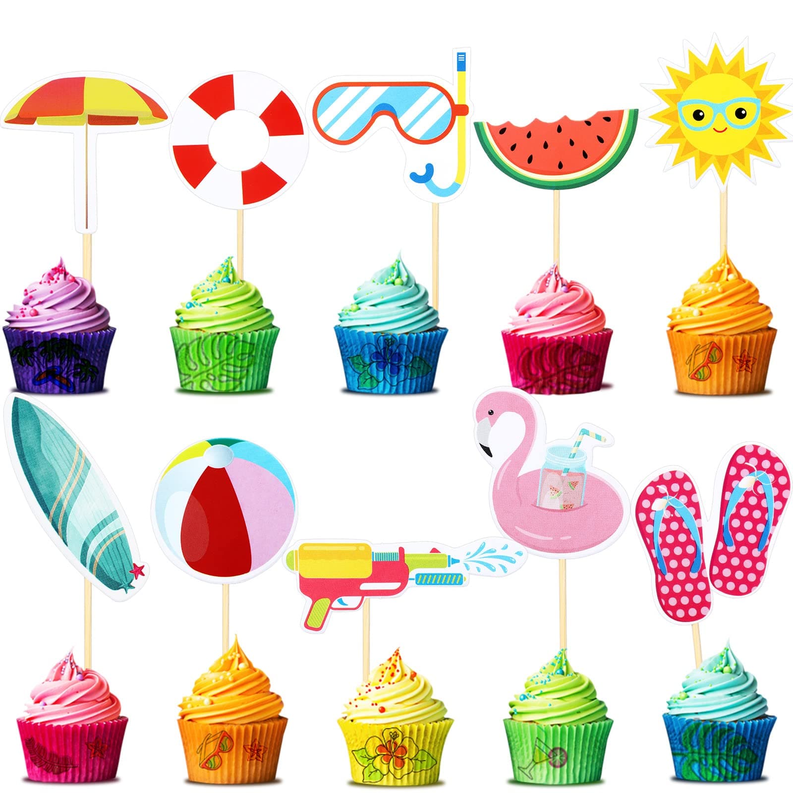 100 Pcs Summer Beach Cupcake Toppers Pool Party Hawaiian Theme Cake Picks with Beach Ball Sun Umbrella Goggles Beach Cake Decorations for Birthday Tropical Luau Baby Shower Party Supplies, 10 Designs