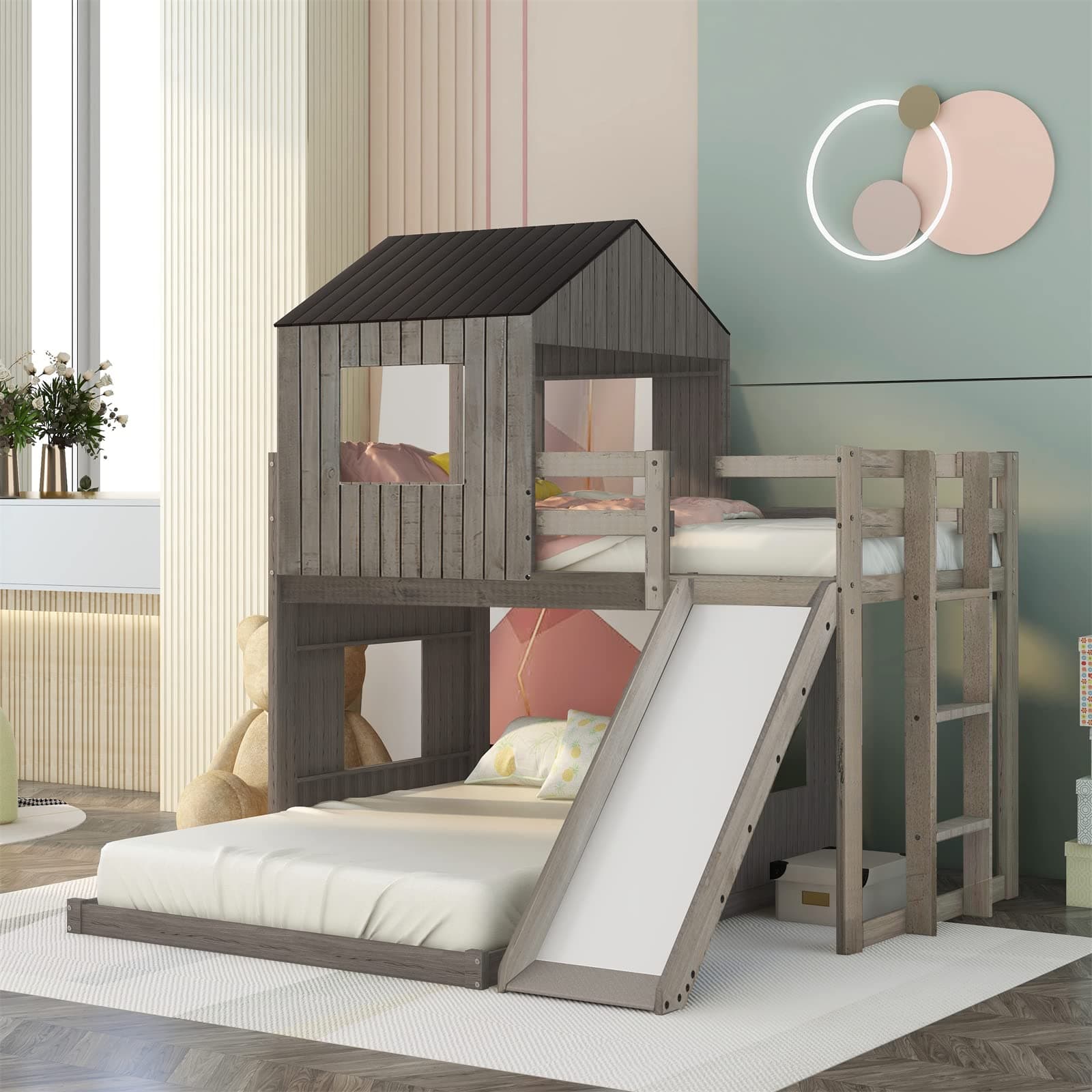 Harper & Bright Designs Wooden Twin Over Full Bunk Bed with Convertible Slide and Ladder – Farmhouse Loft Bed with Playhouse Roof and Full-Length Guardrails, Two Assembly Options (Antique Gray)