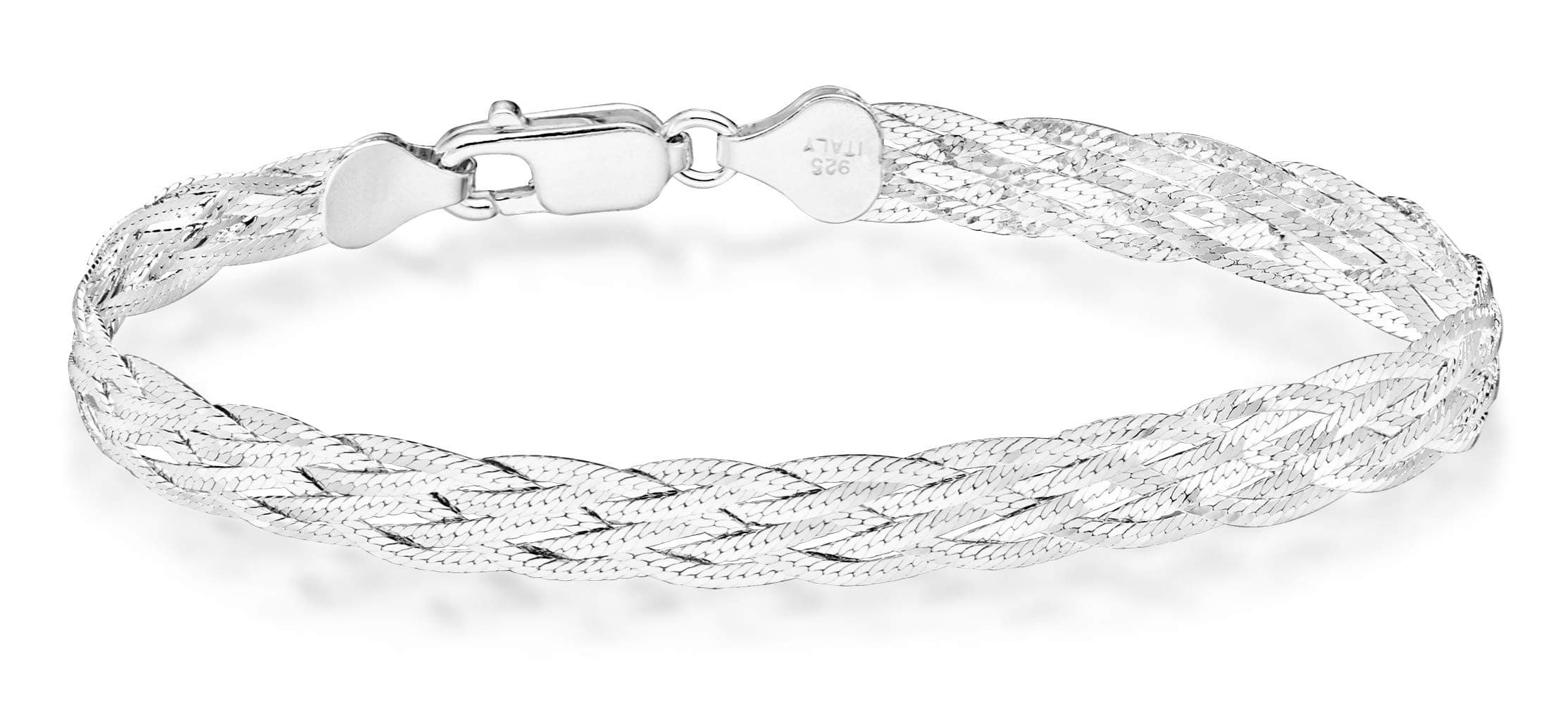 Miabella Italian 925 Sterling Silver, Tri-Color 18K Gold Plated 6-Strand Diamond-Cut 7mm Braided Herringbone Chain Bracelet for Women, Made in Italy