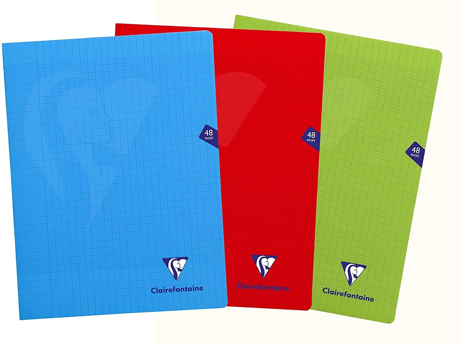 Clairefontaine 293311AMZ Set of 3 Mimesys Stapled Notebooks - 24x32 cm - 48 Large Square Pages - White Paper 90 g - Assorted Polypro Covers (Blue, Red and Green)