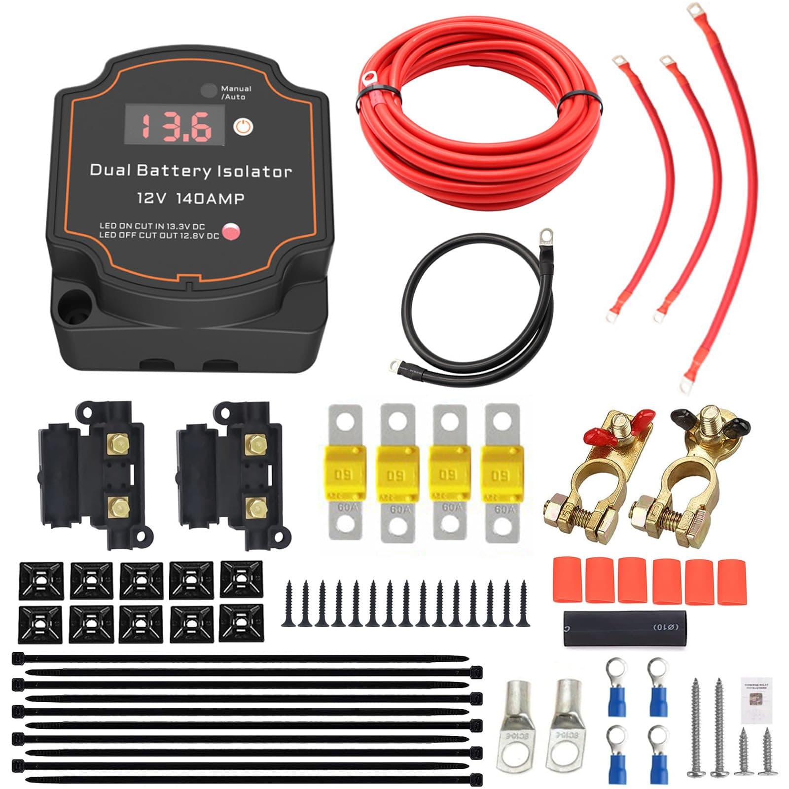 Heart Horse 6m Split Charge Relay Kit,12V 140 Amp Smart Dual Battery Isolator Kit with Led Voltmeter Manual/Auto Mode IP68 Waterproof Voltage Sensitive Relay VSR Kit for Truck ATV UTV RV Boat