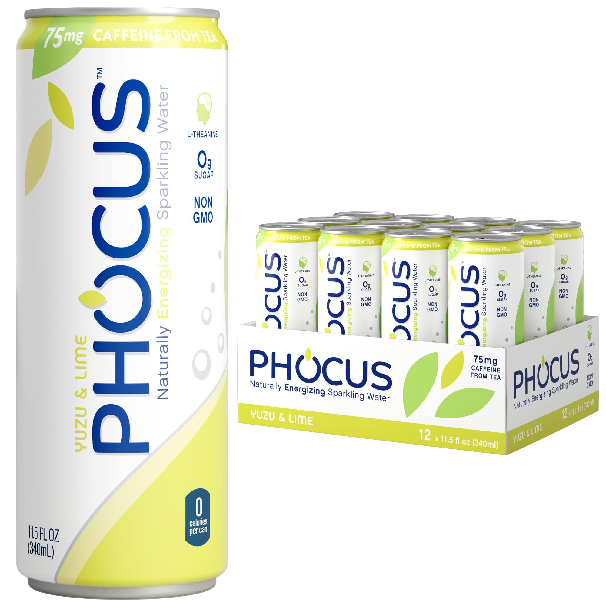Phocus Caffeinated Sparkling Water - Clean Energy with Caffeine + L-Theanine Yuzu & Lime - 0 Sugars, Calories or Carbs - Non GMO, Whole 30, Keto, Vegan, Kosher - 11.5 Fl Oz. (12 Pack)