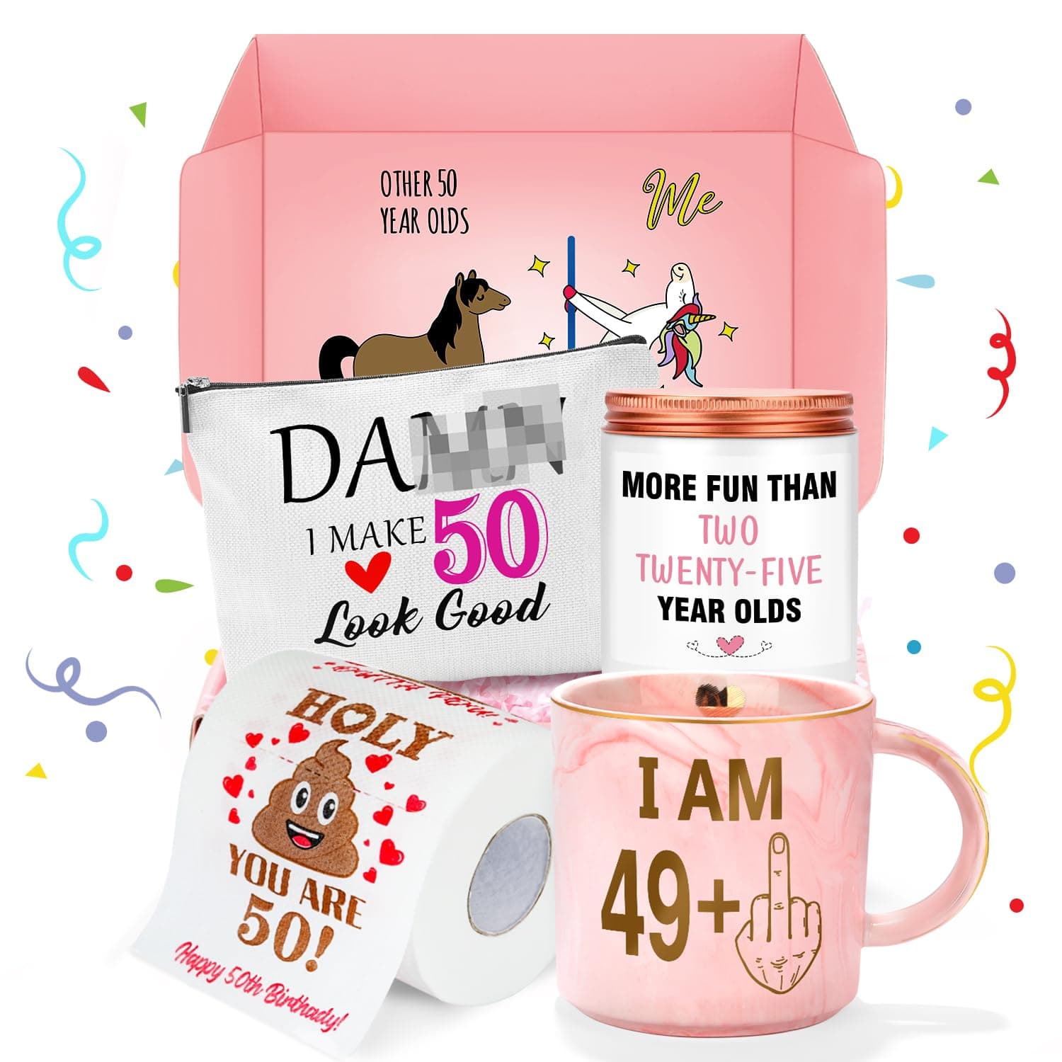 50th Birthday Gifts for Her Funny Happy 50th Birthday Decorations for Women 50 Year Old Gifts for Woman 50 and Fabulous Gift for Woman Sister Mom Best Friend Wife - Coffee Mug Makeup Bag Toilet Paper
