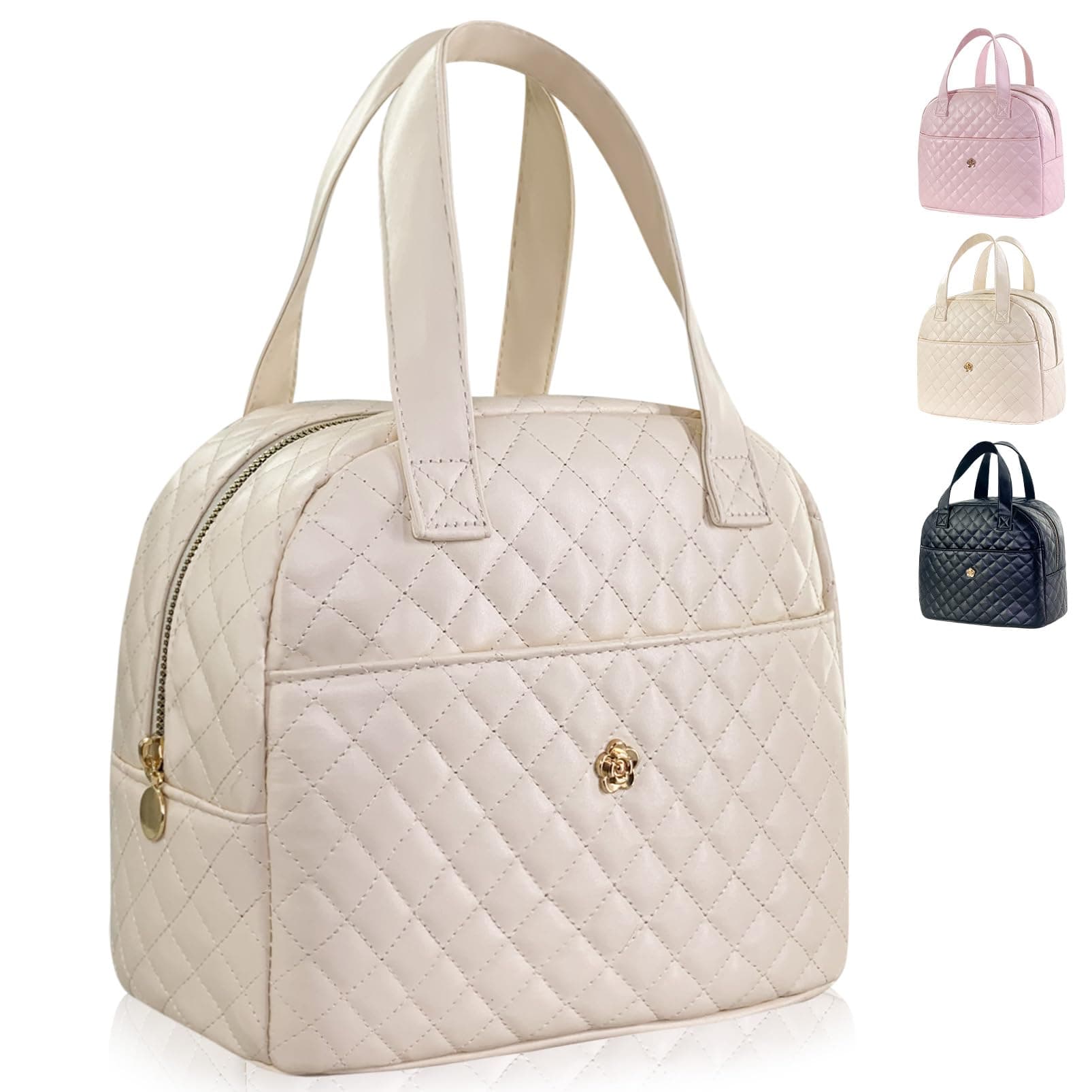 Insulated Lunch Bag for Women Men, PU Leather Lunch Tote Bag for Women Aesthetic Lunch Box Bag Thermal Bento Cooler Bag Sack Food Handbags for Work Office Picnic Travel (Beige)