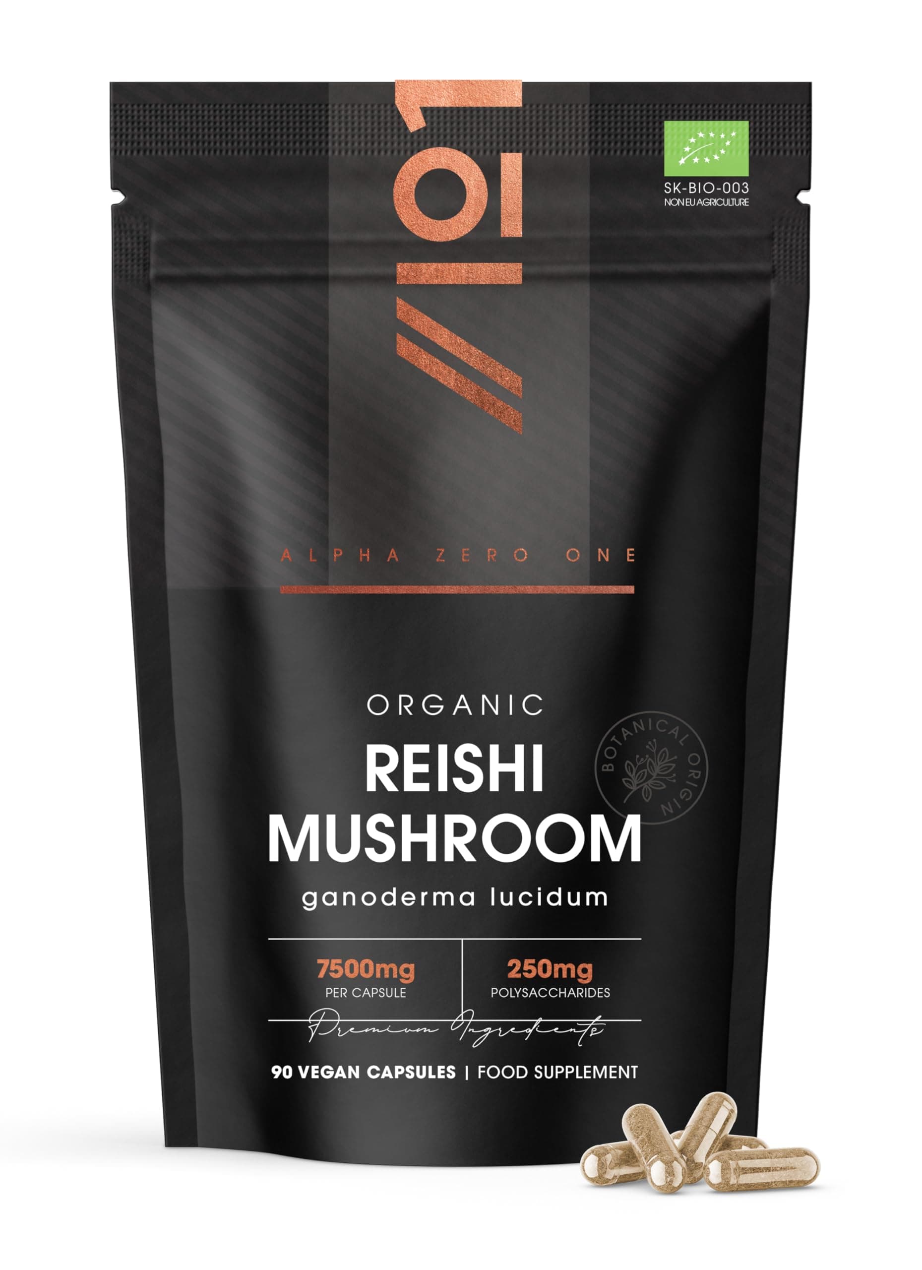 Organic Reishi Mushroom 7500mg – 50% Polysaccharides High Strength Extract Reishi Mushroom Supplement – 90 Vegan Capsules (3 Months Supply) – by Alpha01