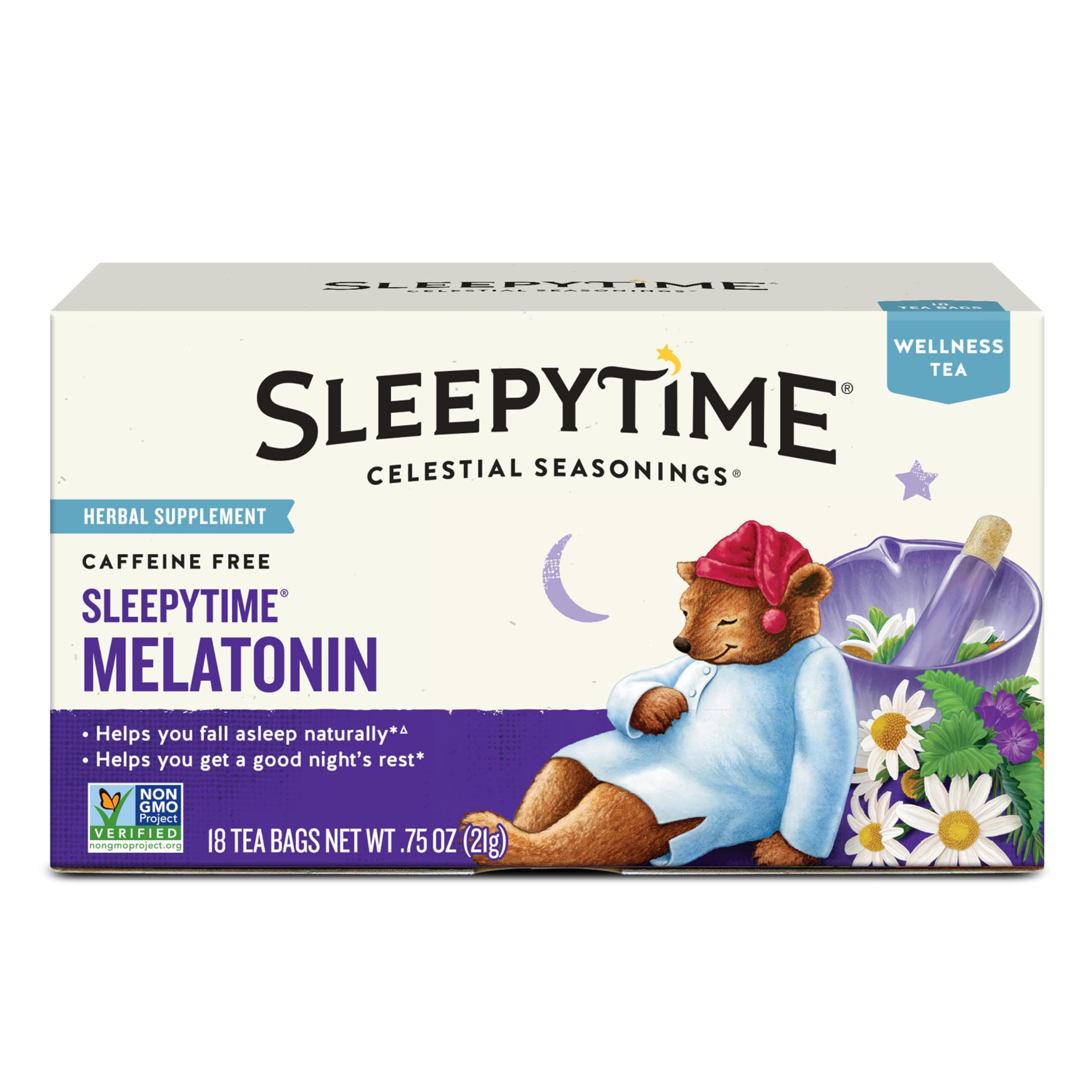 Sleepytime Tea Plus Melatonin, Caffeine Free, Celestial Seasonings Herbal Tea, 18 Bag Box