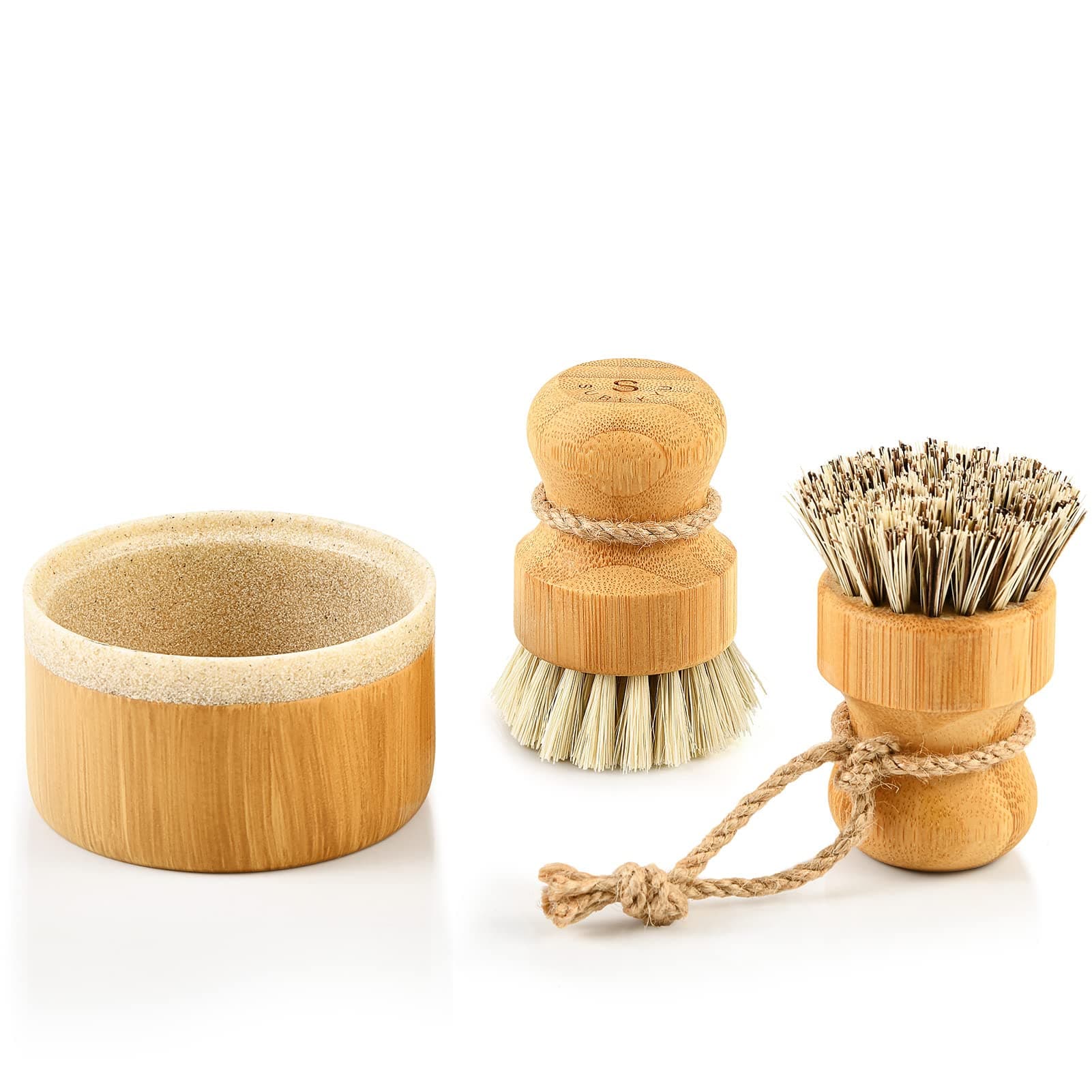 SUBEKYU Bubble Up Bamboo Dish Brush Set with Soap Holder, Wooden Dish Scrubber with Soap Dispenser, Natural Kitchen Scrub Brush, Washing Pot/Pans/Cast Iron, 2 Pack, Sisal + Coconut Palm Bristles