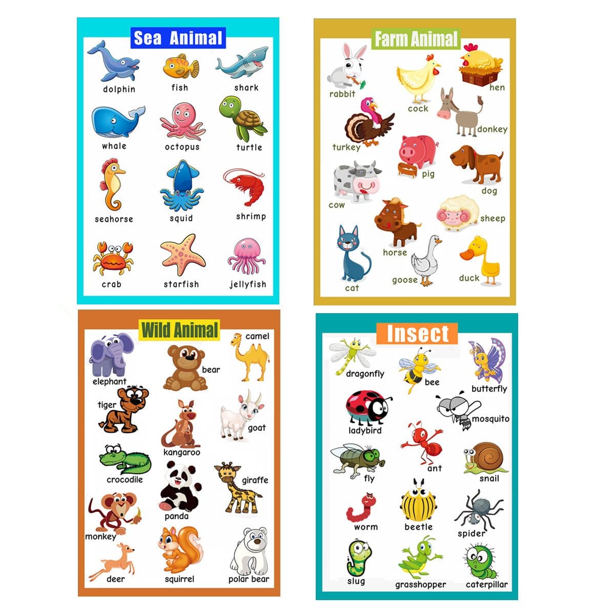 4 Educational Learning Preschool Posters for Toddlers| Educational Wall Charts Perfect For Nursery And Homeschool|Classroom decorations for Teachers-Sea Animal,Farm Animal,Wild Animal,Insect
