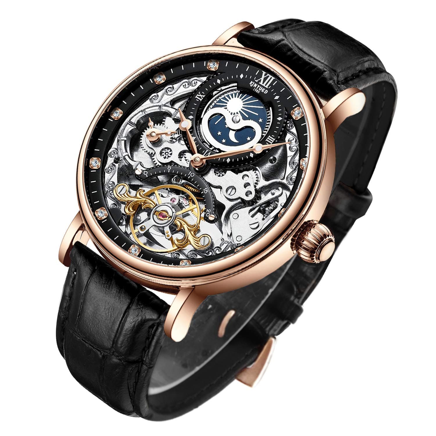 IK COLOURING Bestn Mens Luxury Skeleton Automatic Mechanical Wrist Watches Leather Moon Phrase Luminous Hands Self-Wind Watch