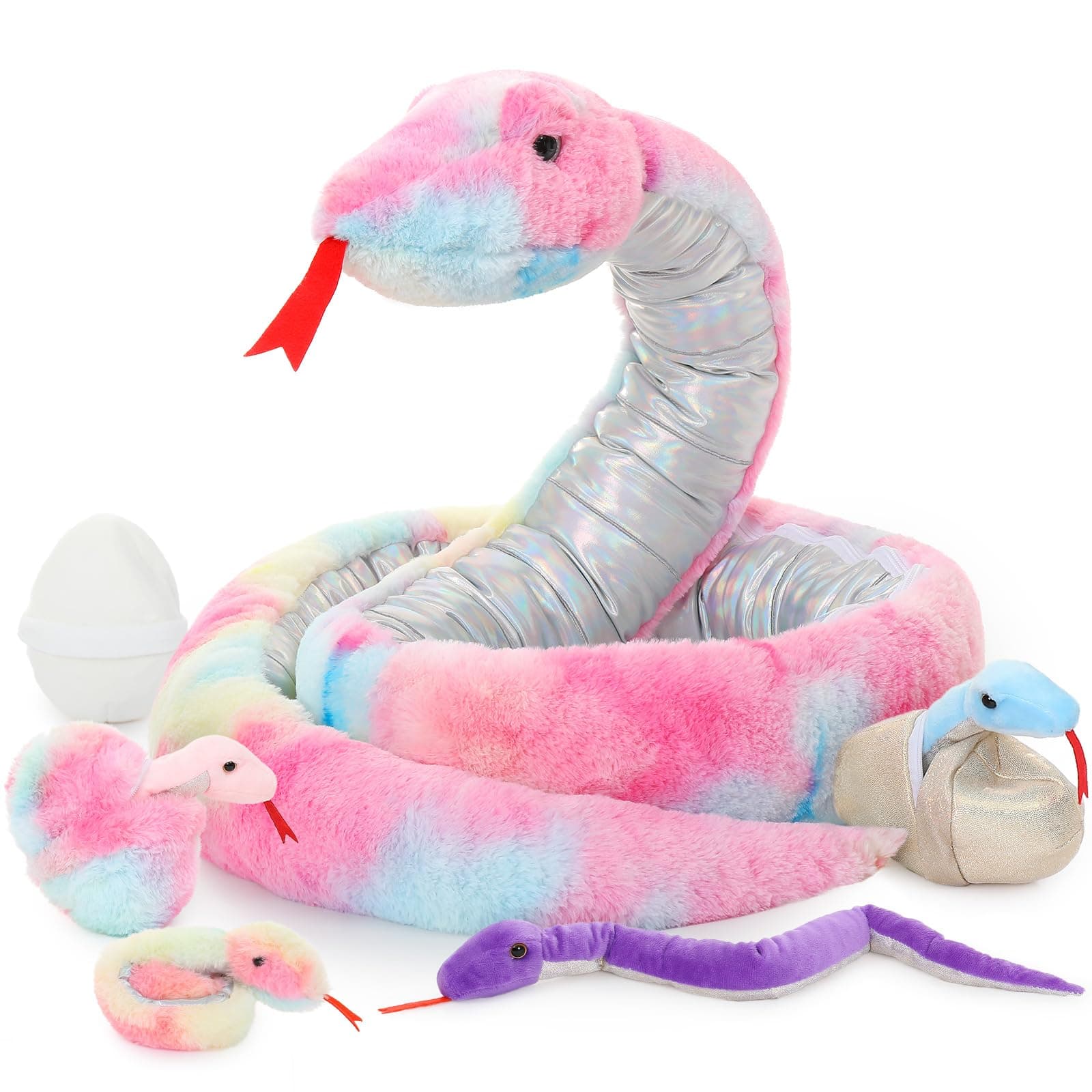 8Pcs Rainbow Snake Stuffed Animal 118 inch Giant Stuffed Snake Mommy with 4 Babies & 3 Eggs Inside, Bulk Large Boa Constrictor Plush for Boys Girls Kids Halloween Prank Props Gifts