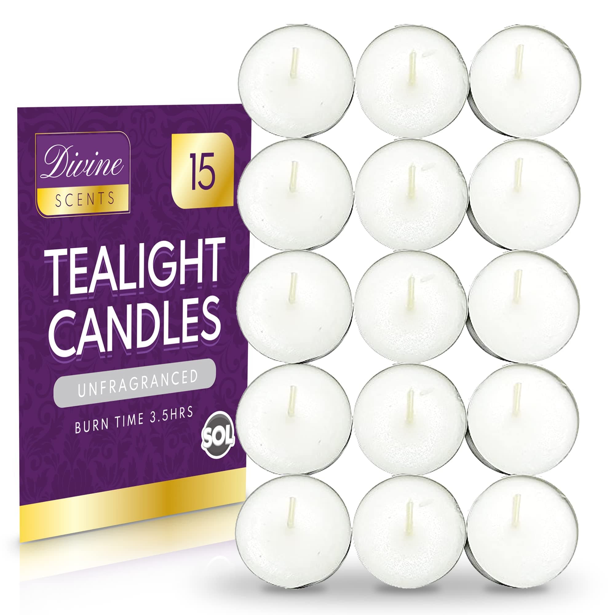 SOL 15pk White Unscented Tea Light Candles Long Burning – 3.5 Hour Burn Time, Ideal for Home, Relaxation, Spa, Massage, Romantic Dinners, Weddings & Anniversaries, Festive Decor, DIY & Cosy Evenings