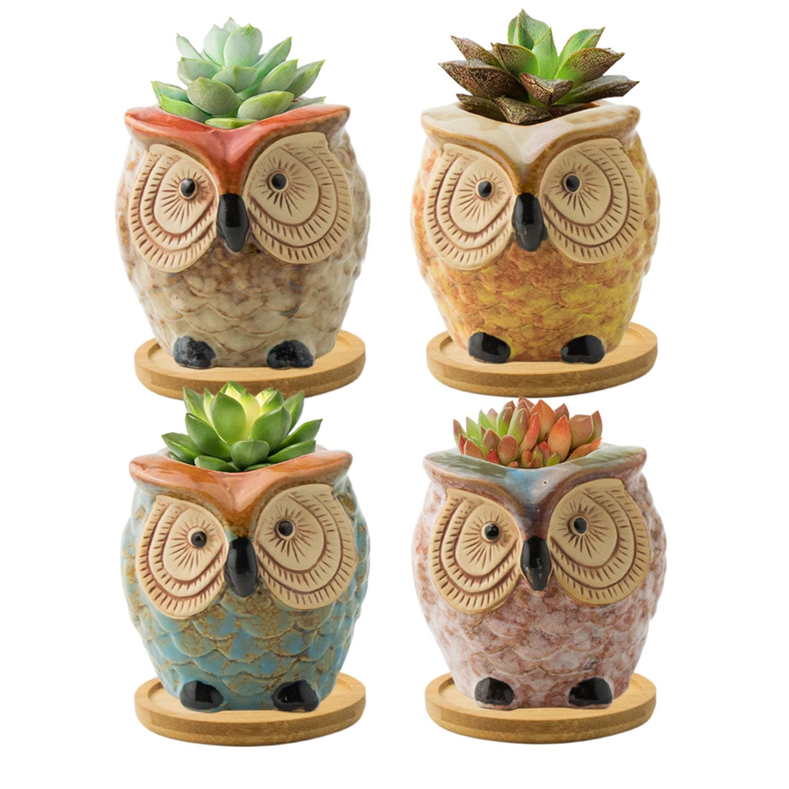 FairyLavie Succulent Pots, 9CM Owl Planter Owl Pot, Small Pots for Plants Cute Small Planter with Accessories, Great for Home Decor, Set of 4