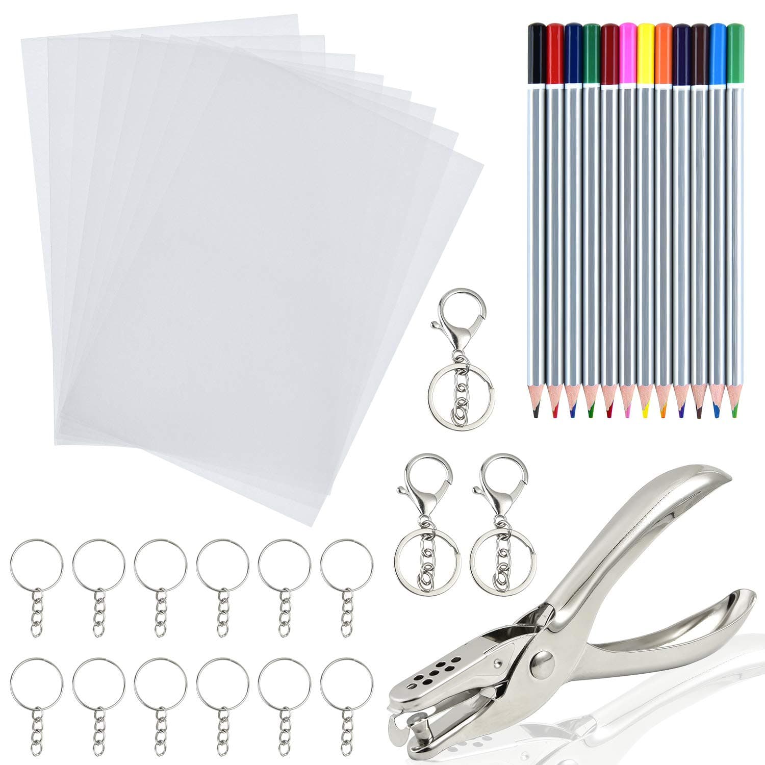 SAYAYA Heat Shrink Plastic Sheet Kit Include 8 PCS Shrink Art Paper, Hole Punch, Keychains, Pencils for Kids Creative Craft