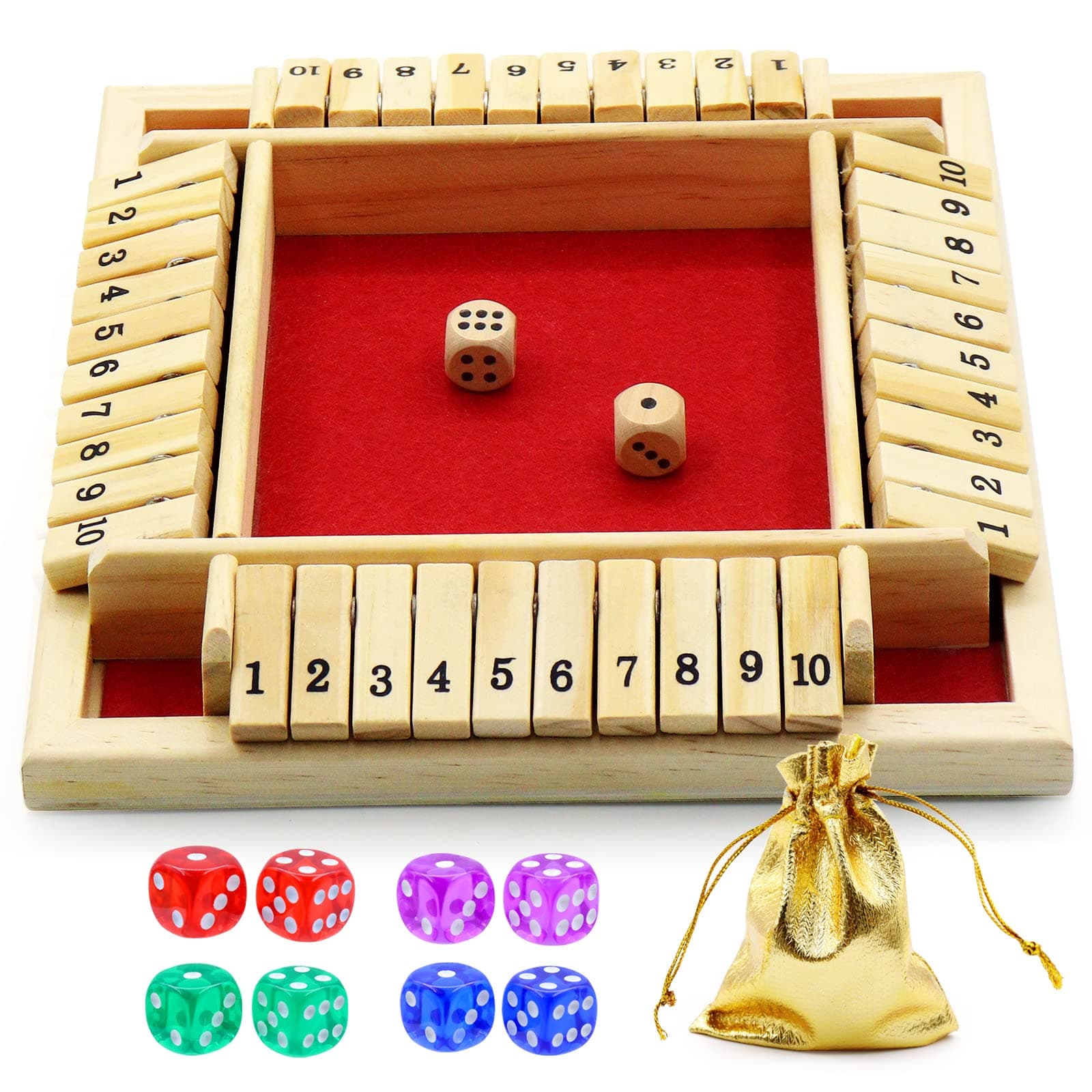 Dice Game Shut The Box Game Wooden Board Game with 10 Dices,a Classic 4 Sided Family Math Game for 2-4 Players Dice Board Game Shut-The-Box,Red(Kids or Adults)