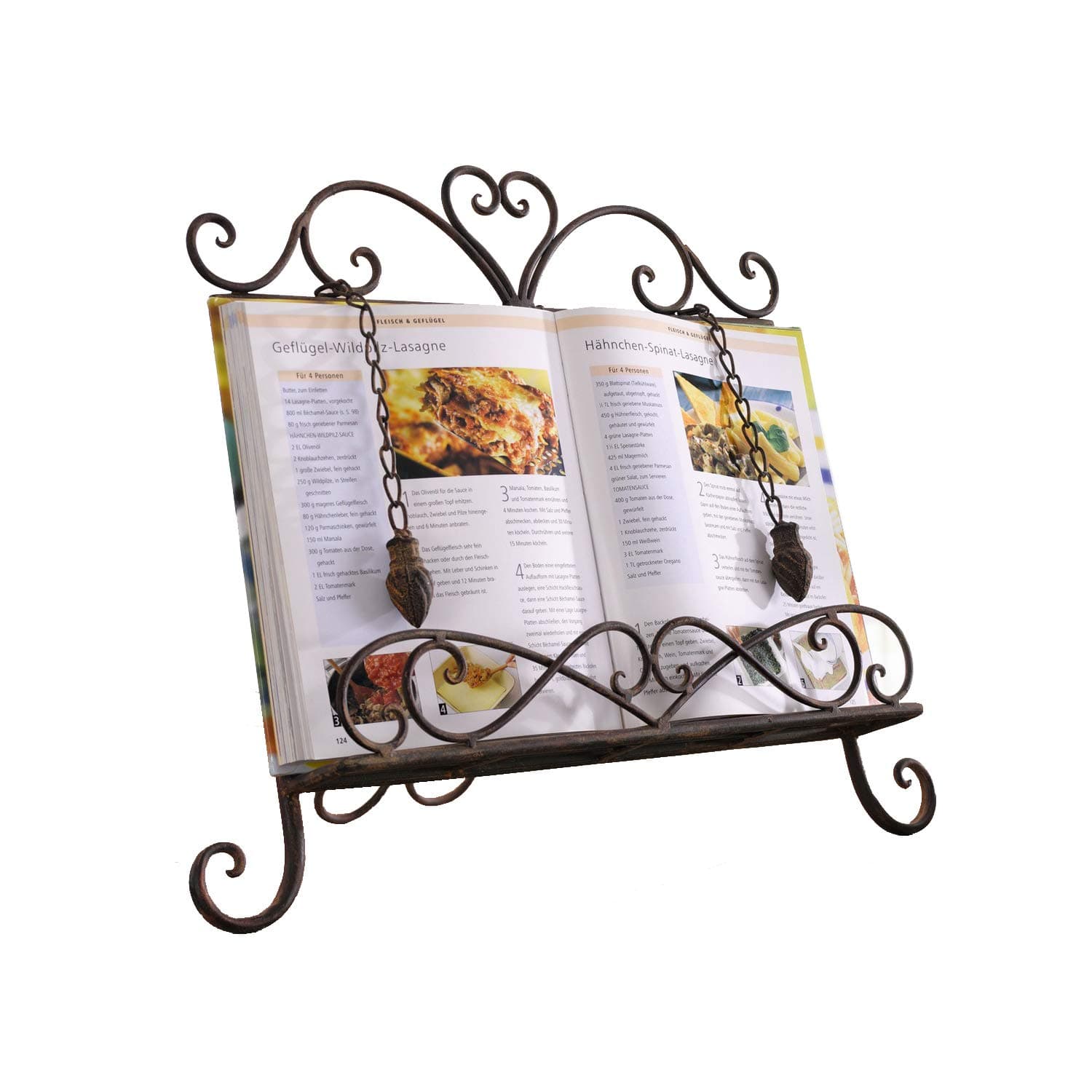 Antique Metal Kitchen Cookbook Display Stand, Recipe Book and iPad Holder, Cookery Book Easel with Weighted Chains for Gift, Rustic Dark Brown