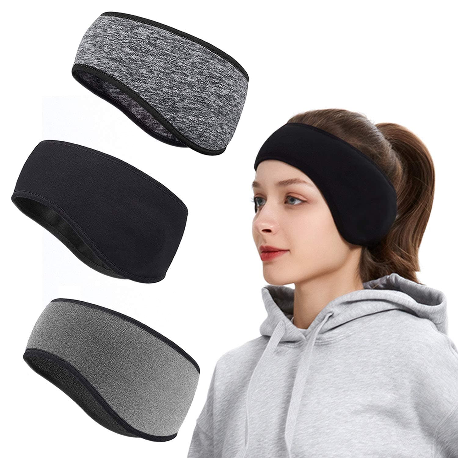 Roysmart Winter Ear Warmers Headband, Stretchy Yoga Headband Gym Sport Headband Thermal Ear Muffs Ski Headband Moisture Wicking for Women Man (3 Pack)