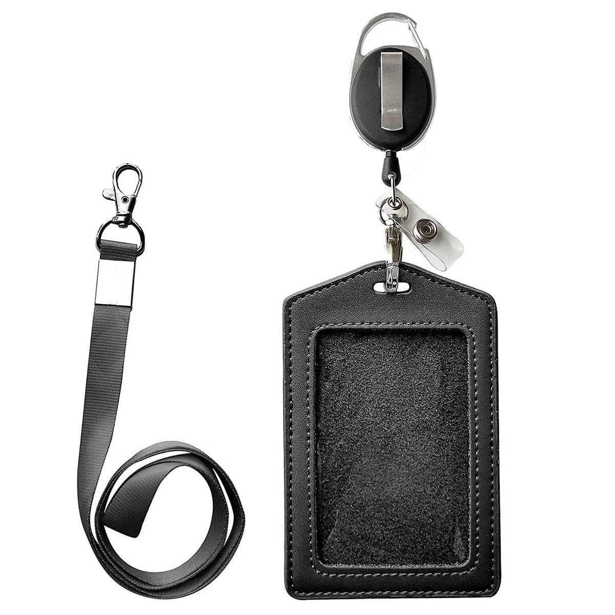 NALANDA Leather ID Card Case Badge Holder with Clear ID Window, Detachable Neck Lanyard Strap and Retractable Badge Reel - Office Badges Accessory Set - Black