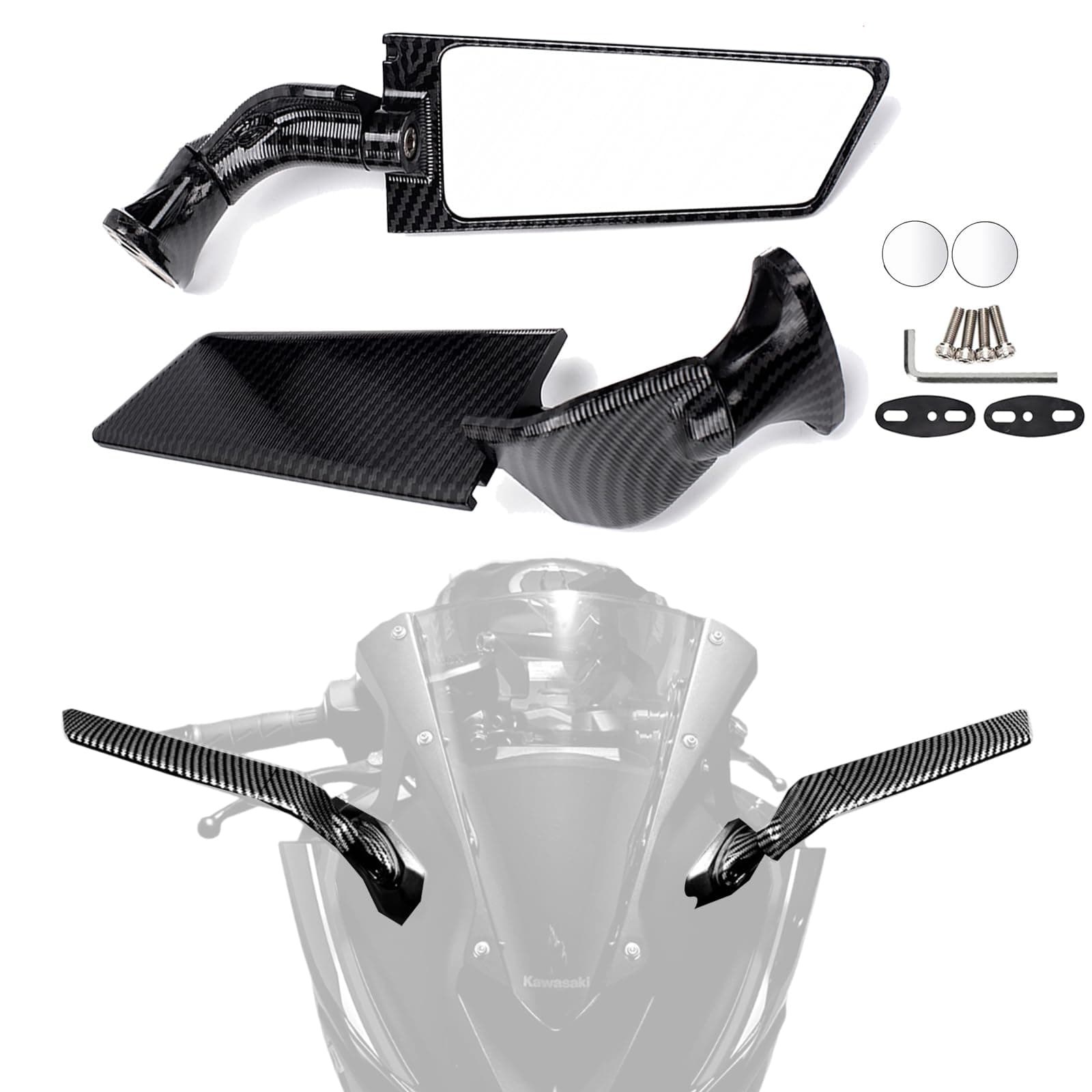 XINGWU Motorcycle Mirrors Adjustable Rotating Stealth Rearview Mirrors Carbon Fiber Style for NINJA 250 400 ZX-25R ZX-4R 4RR GSX250R RS660 RSV4 YZF CBR Side Mirrors (White)