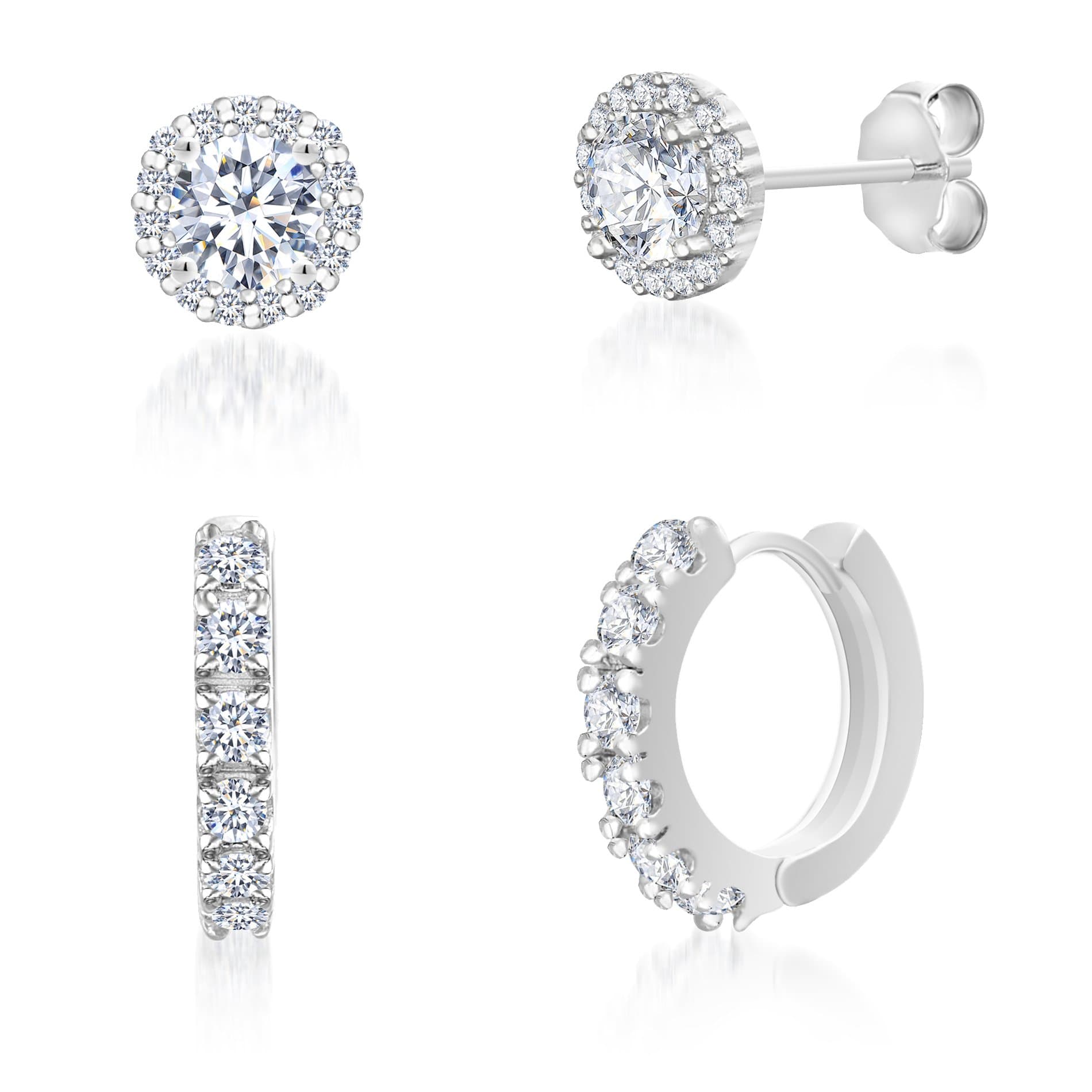 Rhodium Plated 925 Sterling Silver 2 Cttw Round Cubic Zirconia Stud & Hoop Earrings for Double Pierced Ears 2pc Set