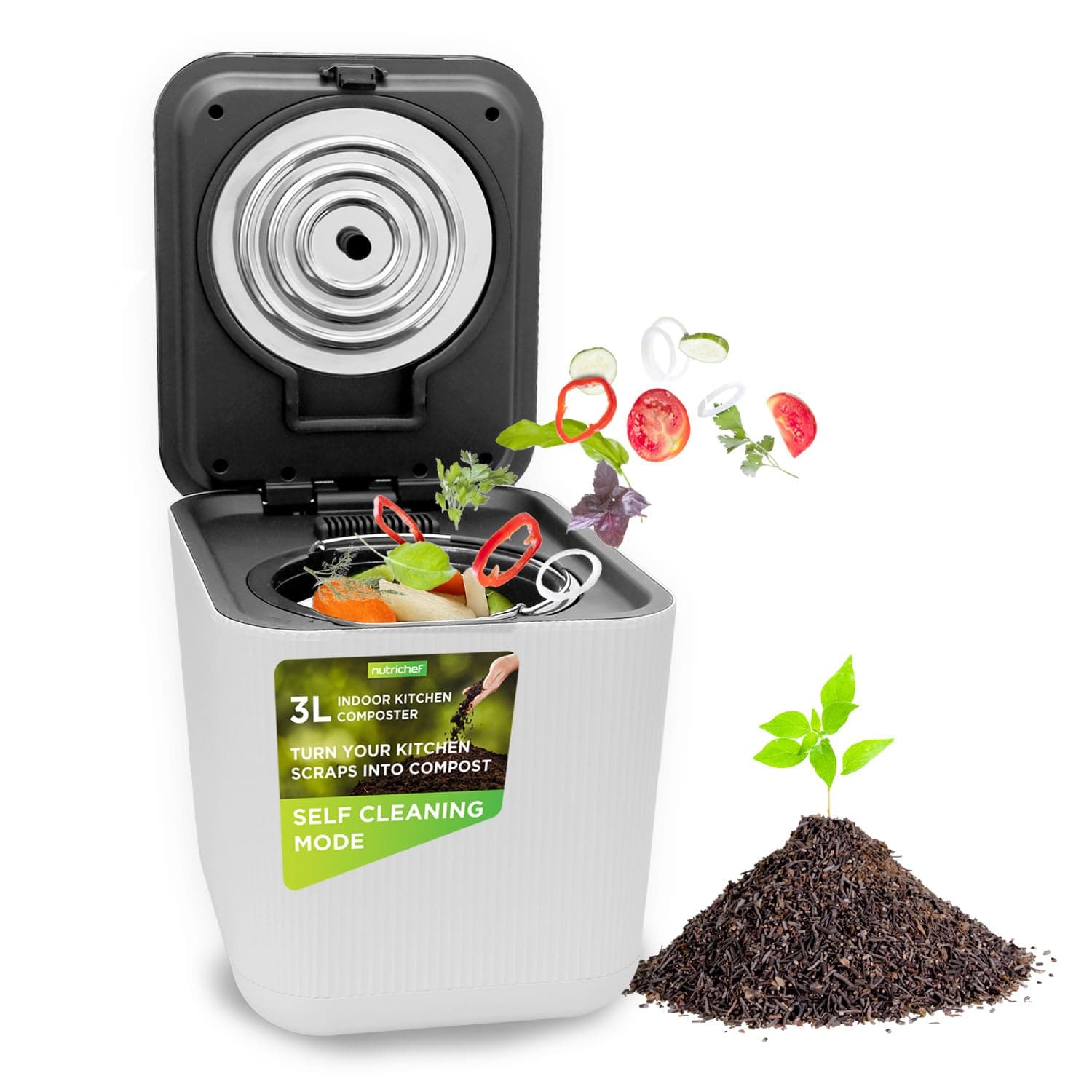 3L Electric Kitchen Composter - Compost’s Organic Material & Food Scraps | Countertop Automatic Compost Bin | Dry, Crush, & Cooling Functions | Perfect for Kitchens & Apartments | White