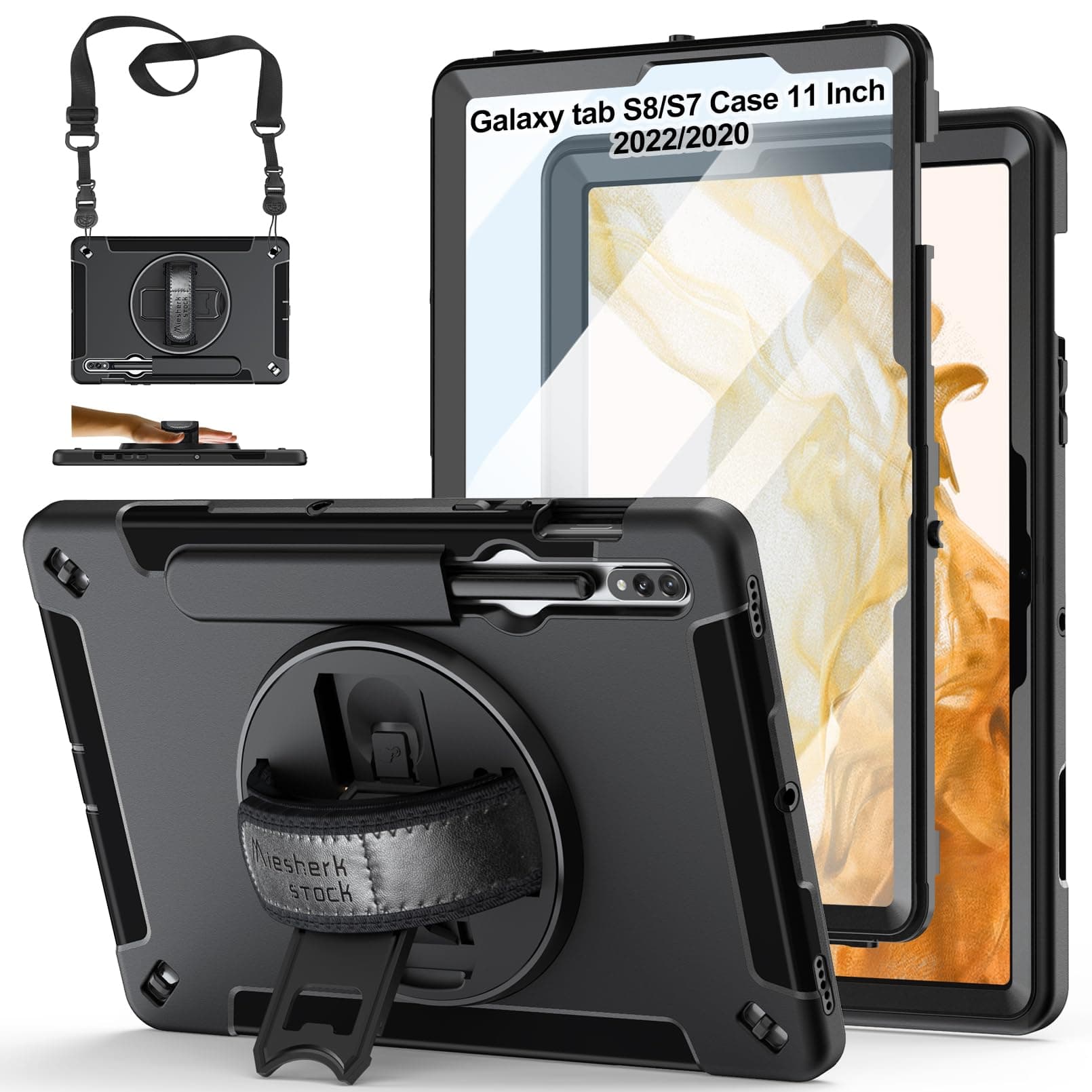 Case for Samsung Tab S8/S7 11 Inch 2022/2020: TPU Protective Cover for Galaxy Tablet S8/S7 11 Inch 2022/2020 with Stand - Handle - Shoulder Strap - S-Pen Holder -Black