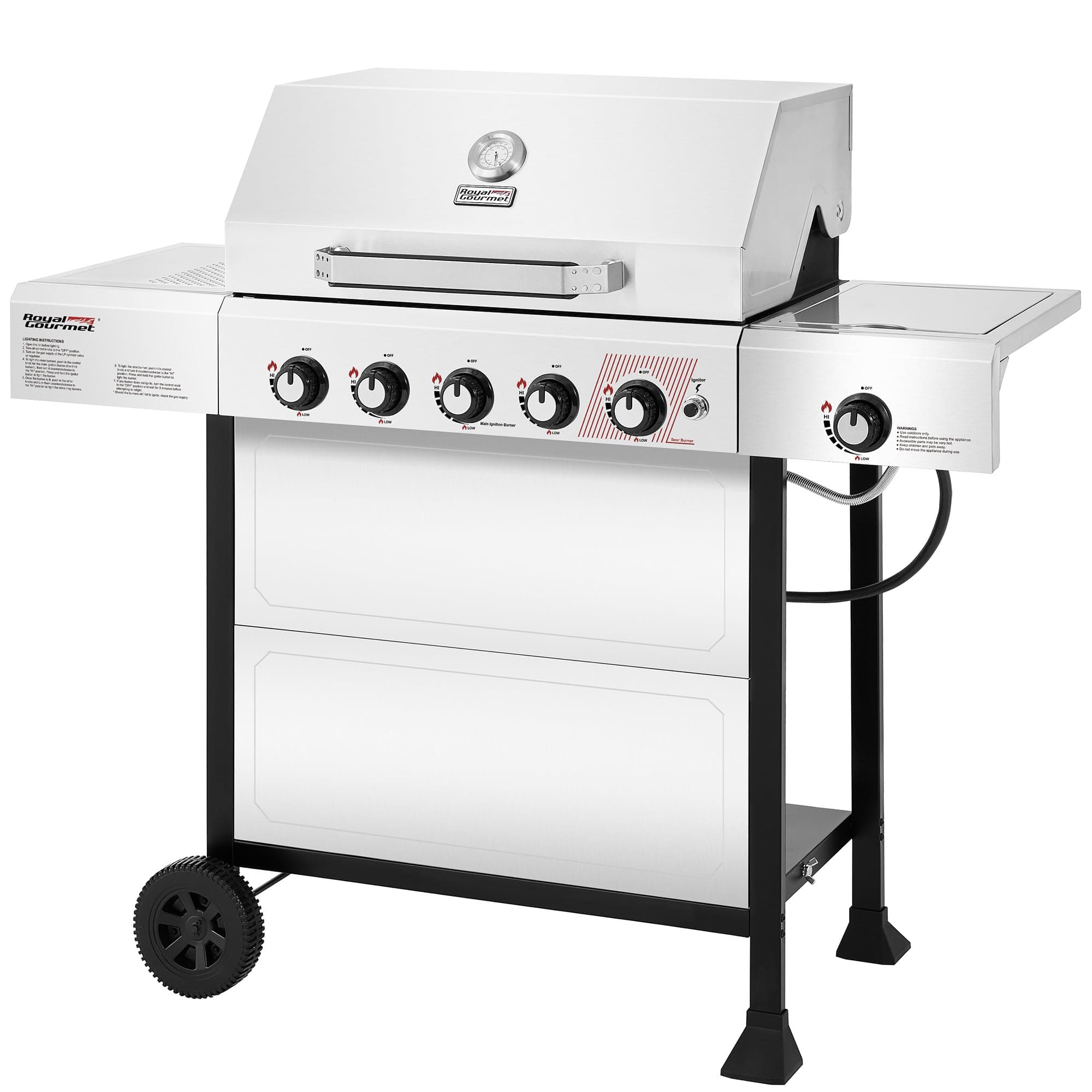 Royal Gourmet GA5401T 5-Burner Propane Gas Grill with Sear Burner and Side Burner, Stainless Steel BBQ Grill with 632 Sq. In. Grilling Area for Outdoor Barbecue Cooking, 64,000 BTUs, Silver